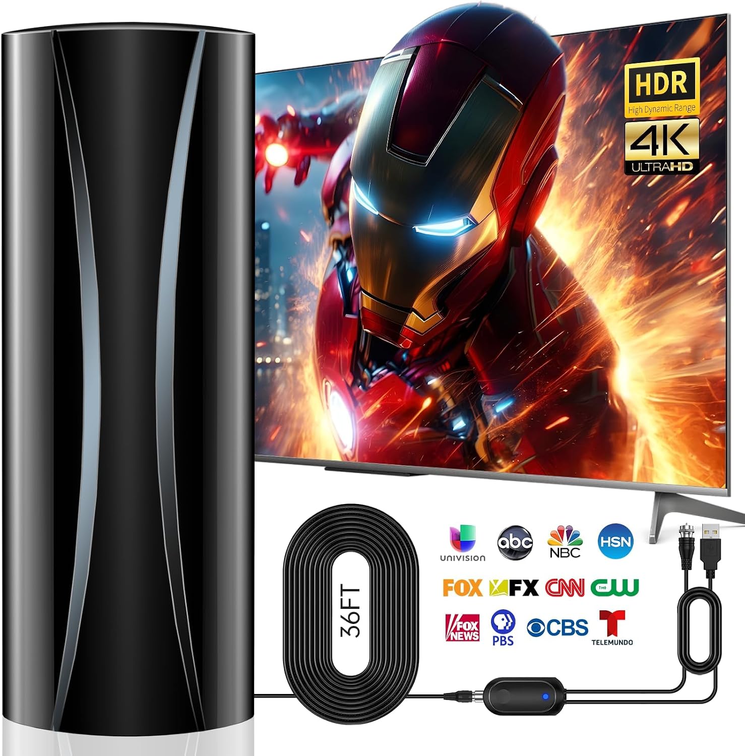 Upgraded TV Antenna 2200+ Miles Long Range with Strongest Signal Amplifier, Indoor Outdoor Digital HD Antenna Supports 4K 1080P Free Local Channels for All TVs-36ft Long Coxial Cable