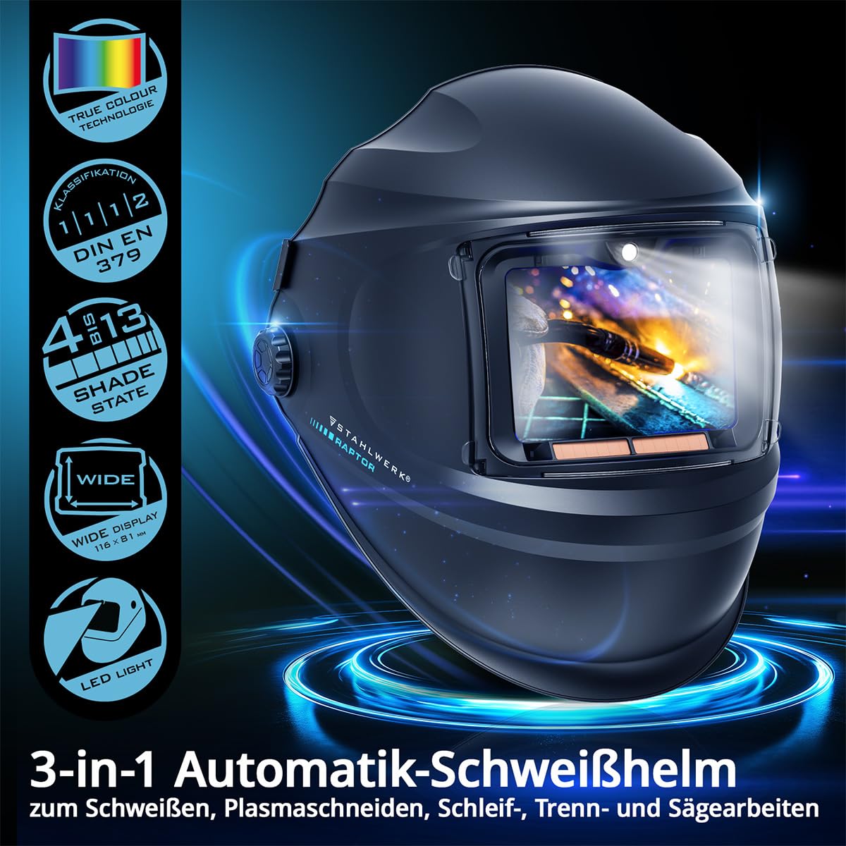 STAHLWERK Casque de soudage Automatique 3-en-1 RAPTOR – Kit avec bonnet de soudure, True Colour, éclairage LED, obscurcissement Auto. DIN 4-13, Classe Optique 1/1/1/2, Champ 116x81mm, écran de soudage