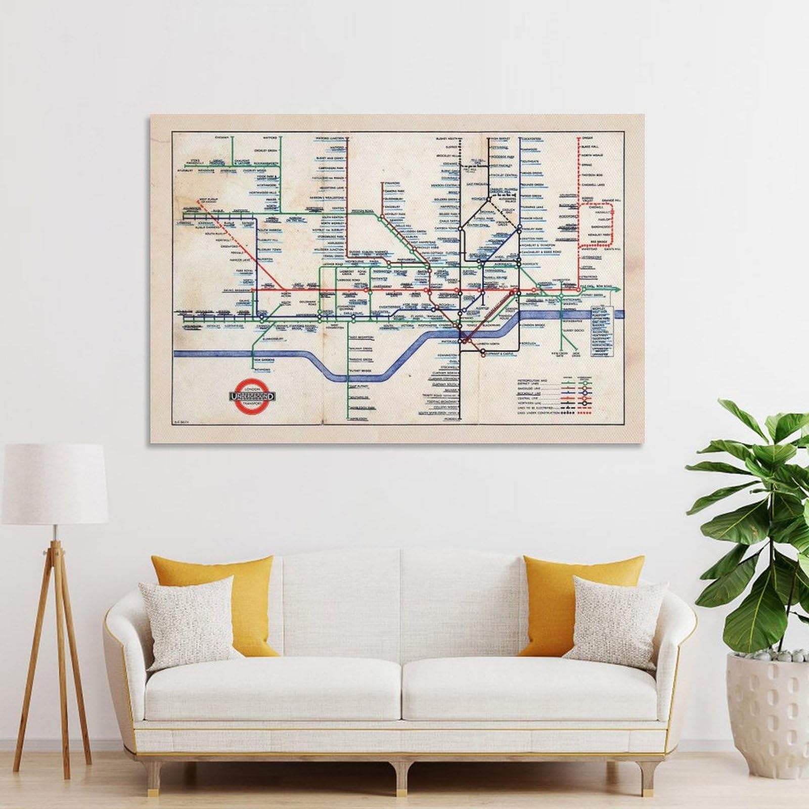 Generic Lienzo decorativo con mapa retro del metro de Londres de 1947, escala de grises, 60 x 90 cm, mapa histórico, perfecto para sala de estar, dormitorio, oficina, etc.