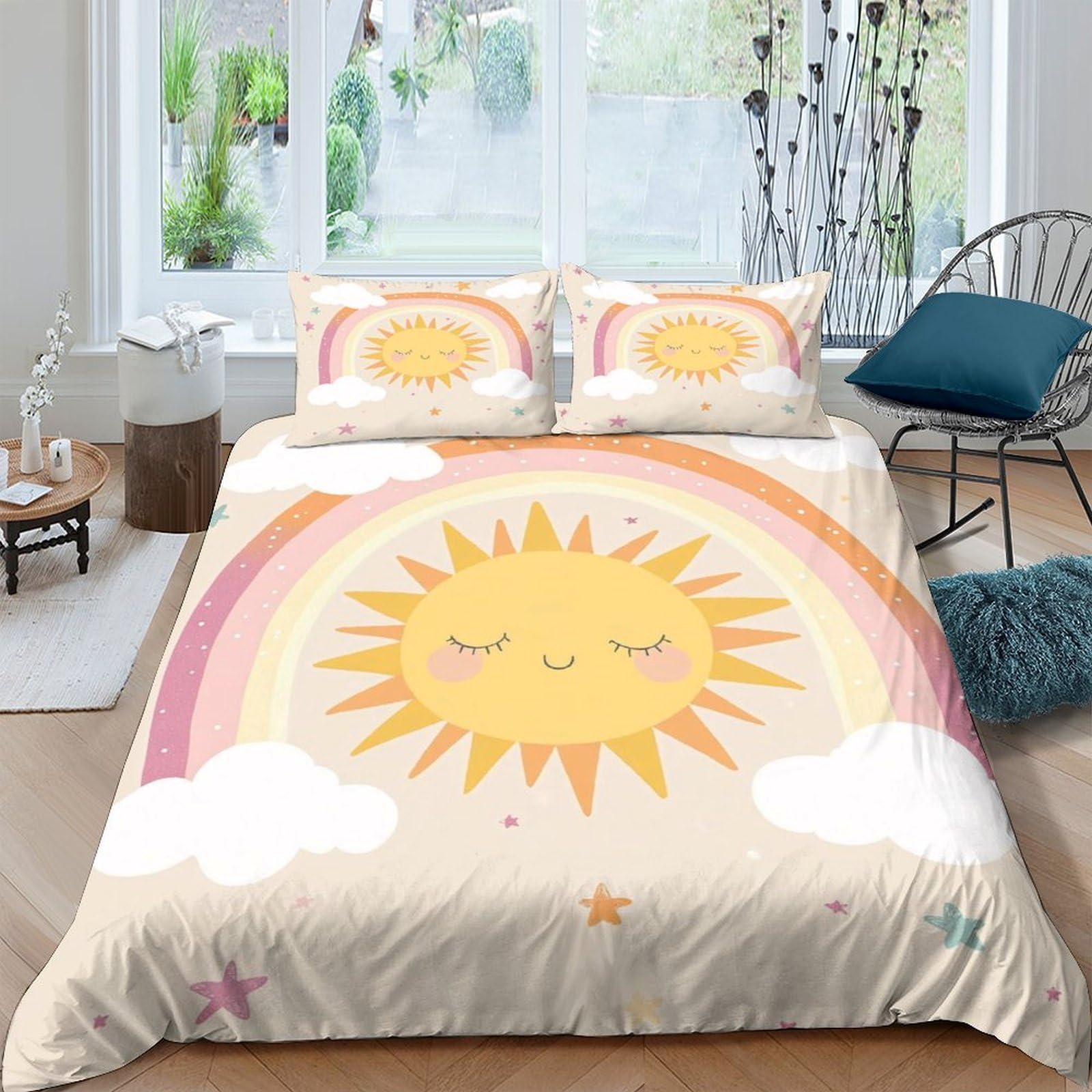 Ctjqhvkz Style-5 3D Printed Sun Rainbow Fitted Sheet Microfiber Soft Anti-Slip Cloud Bed Cover For Bedroom Dorm Mattress Decor Single（135X200cm）
