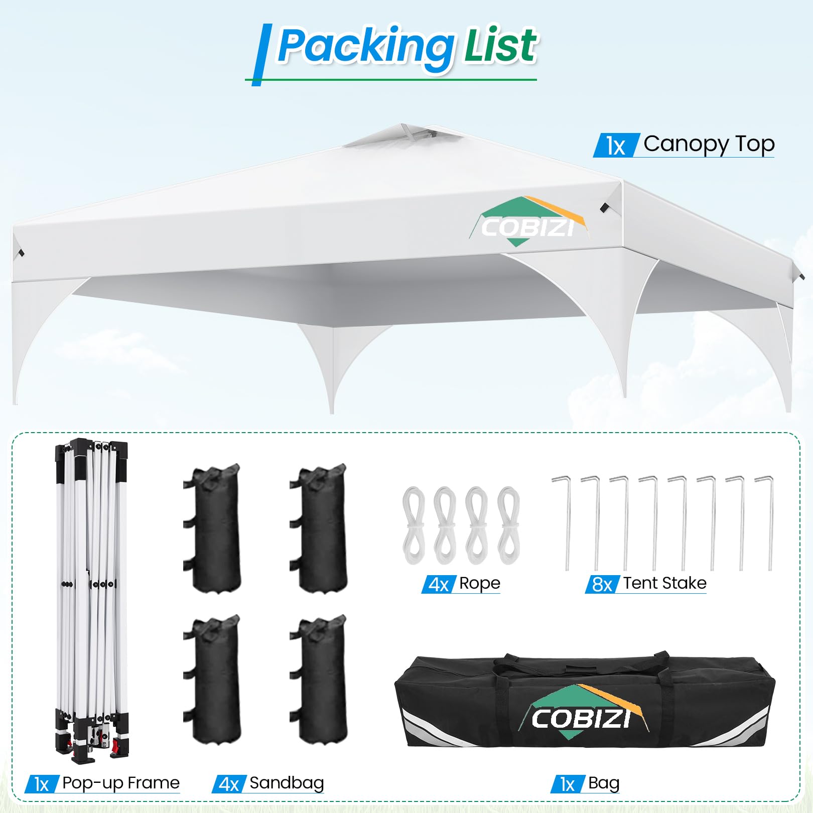 COBIZI Pavillon 3x3 Wasserdicht Stabil Winterfest Faltpavillon Gartenpavillon Partyzelt Pop Up Pavillon Klappbar UV Schutz 50+ Höhenverstellbar mit Entlüftung & 3 Stoffstücken&4 Sandsäcke，Weiß