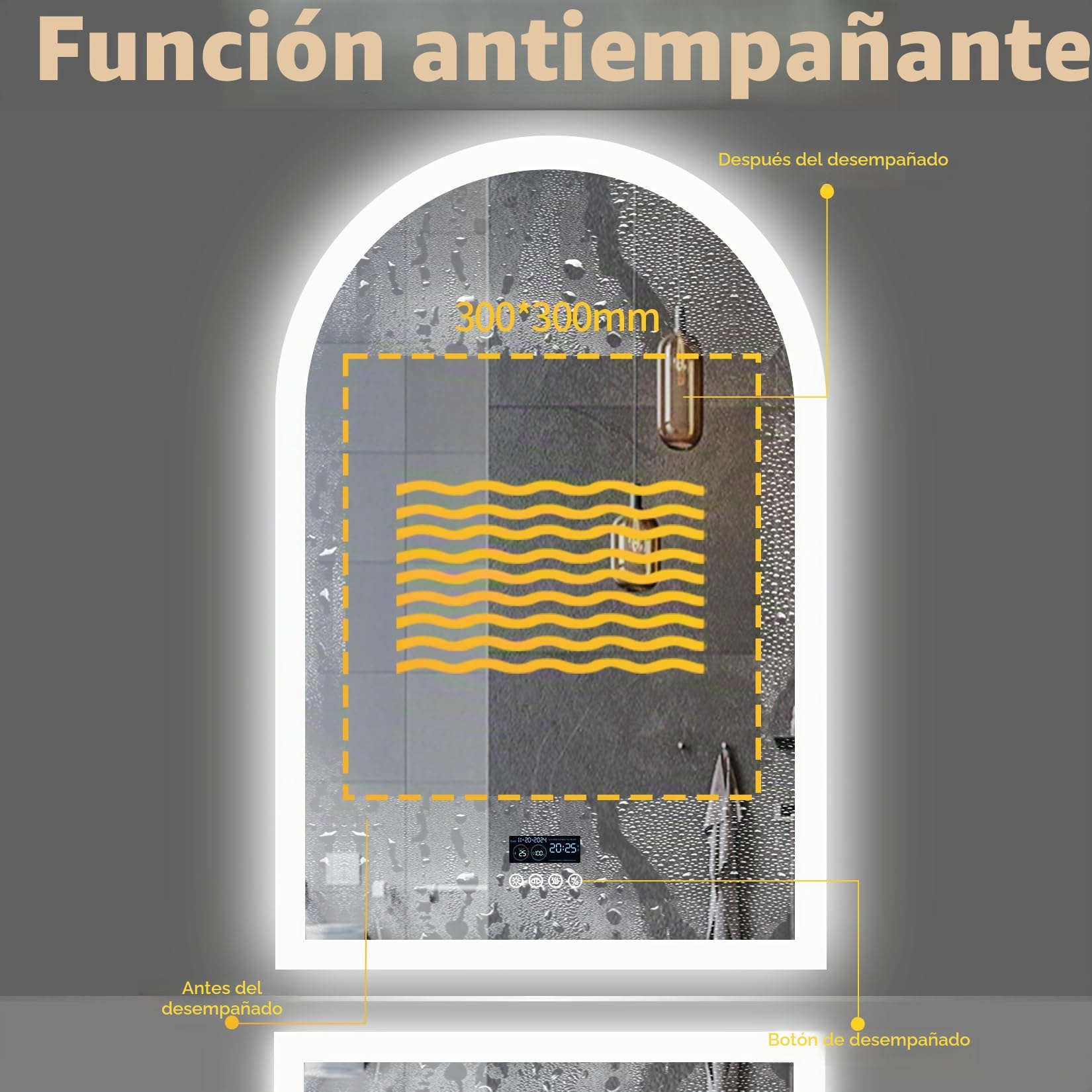 LUVODI Espejo Baño con Luz Led Arco 60x90cm Bluetooth Espejos de Baño Pared Antivaho con Hora Tiempo Digital y Luz Retroiluminado Regulable Espejo Moderno Inteligente con Interruptor Táctil y Enchufe