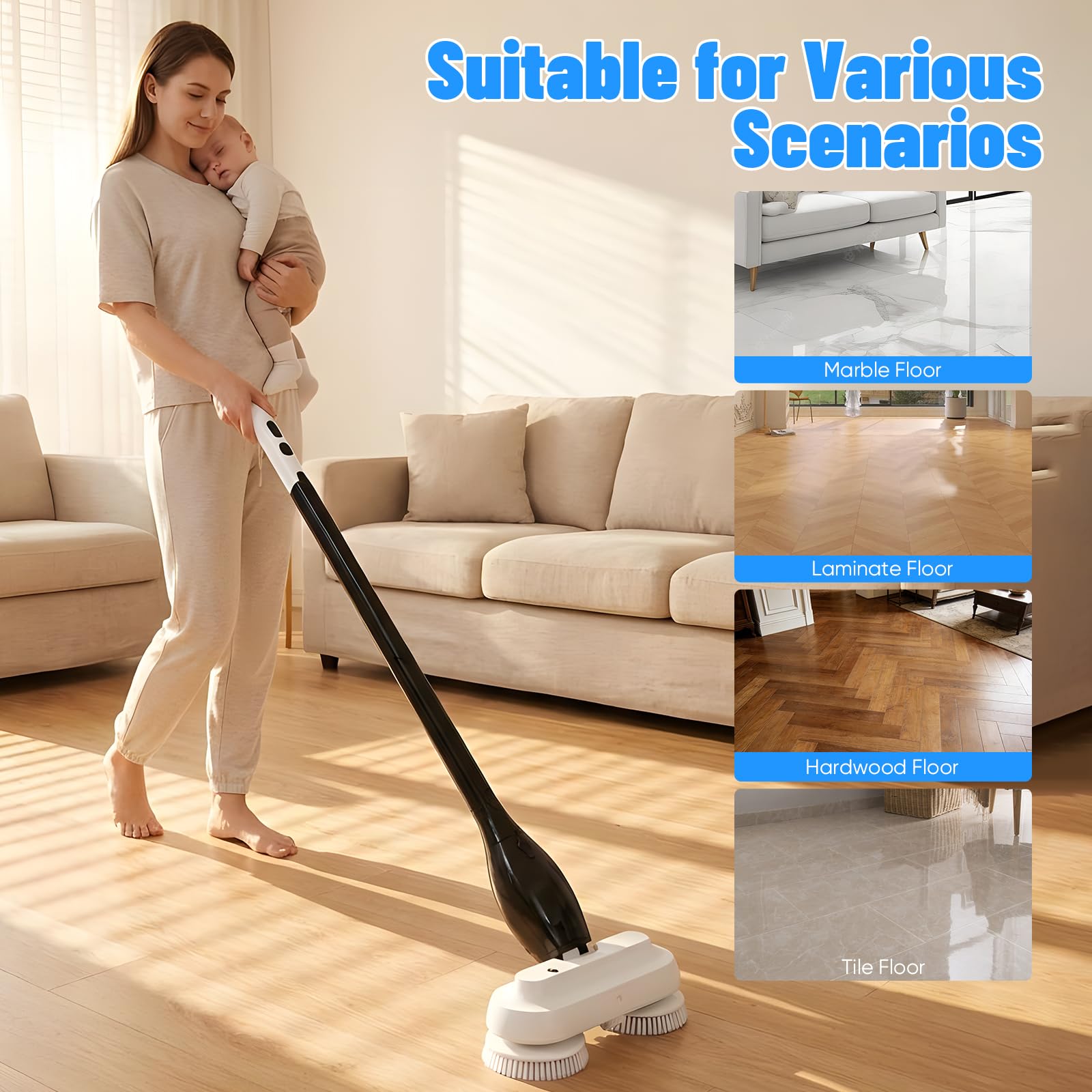 Lavapavimenti Elettrico, Lavapavimenti Senza Fili Con Funzione Spray Serbatoio Dell'acqua 800ML Batteria 4000Mah Design Doppia Spazzola Include 2 Spazzole Piatte 4 Panni Adatto Tutti I Tipi Pavimento