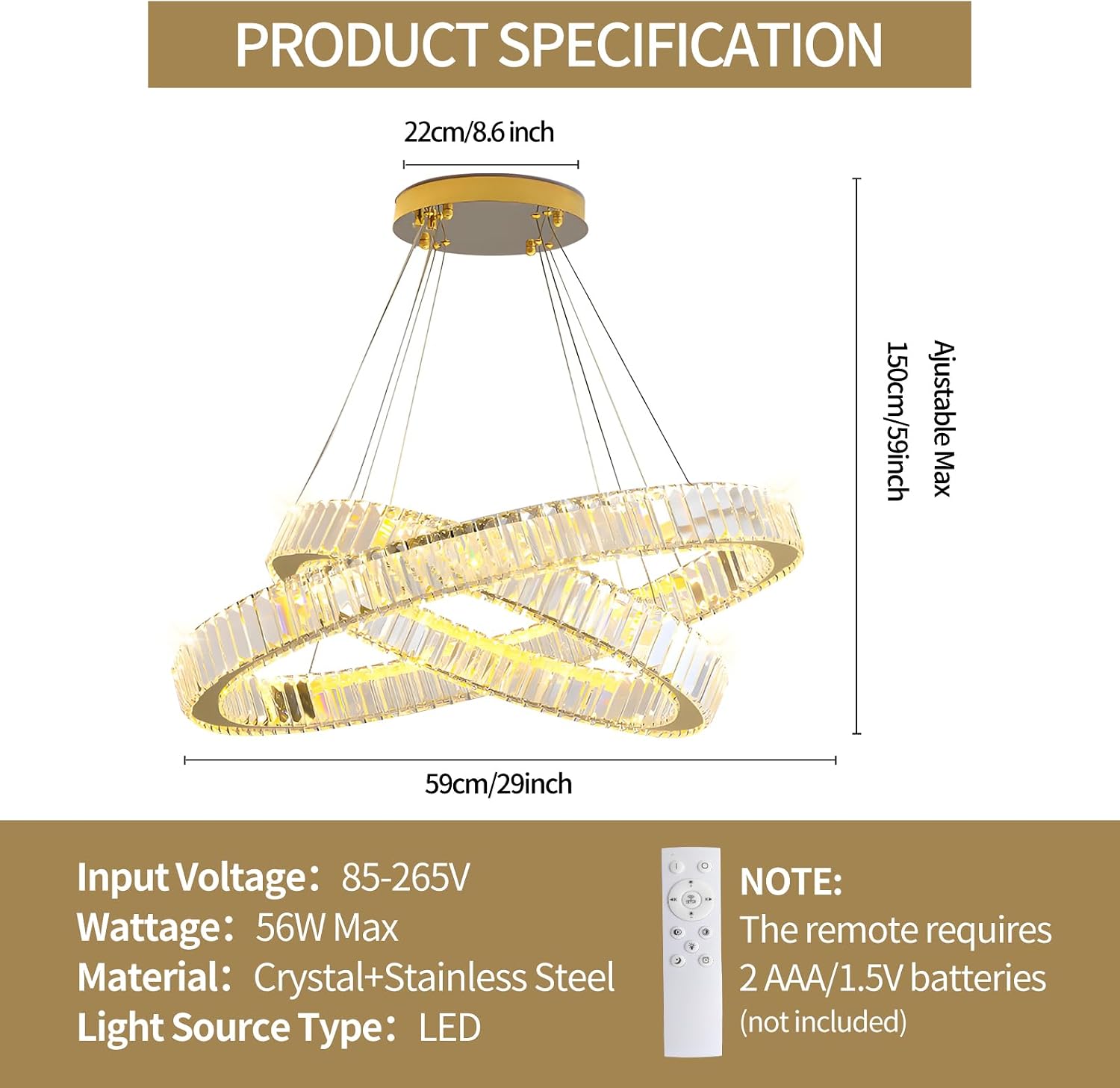 Modern Crystal Chandelier 23 Inch for Dining Room Luxury Round Crystal Chandelier Adjustable Hanging Pendant Light Fixture for Living Room Entryway Kitchen Island Bedroom (Gold, D23'' 2 Lights)
