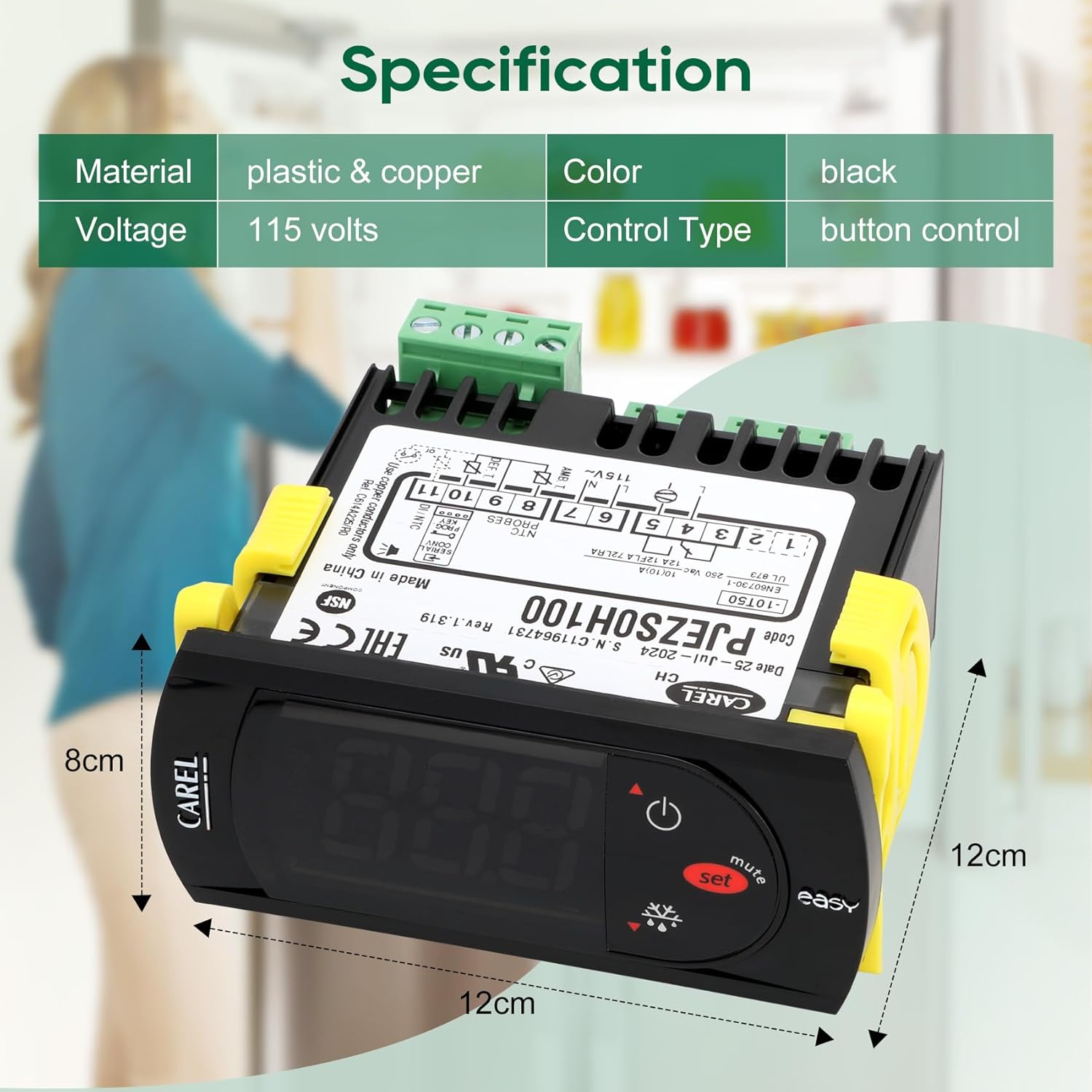 Carel Temperature Controller PJEZS0H100, Digital Thermostat with Temperature Sensor Probe, 115V, Compatible with Carel and All Refrigerator Types, Mounting Hardware and Instructions, Original OEM