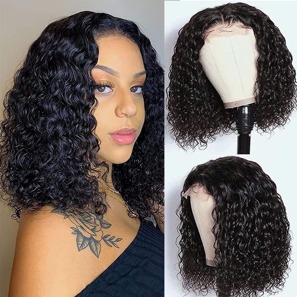 Zealady14 Inch Bob Wig Human Hair Closure 4x4 Water Wave Human Hair Wig For Women Glueless Bob Lace Wig Human Hair Short Black Wig Virgin Hair 180% Density Middle Part