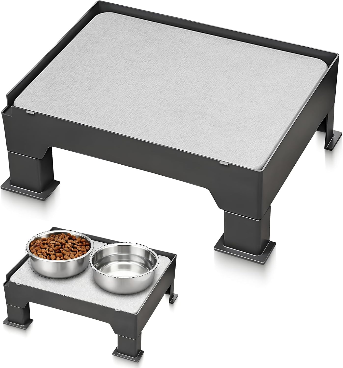 Diatomite Mat Pet Feeder Stand – Compatible with Most Dog Bowls & Automatic Feeders, Elevated Dining Station with Non-Skid Feet & Adjustable Height that Absorb Spills to Keep The Bowl Area Clean