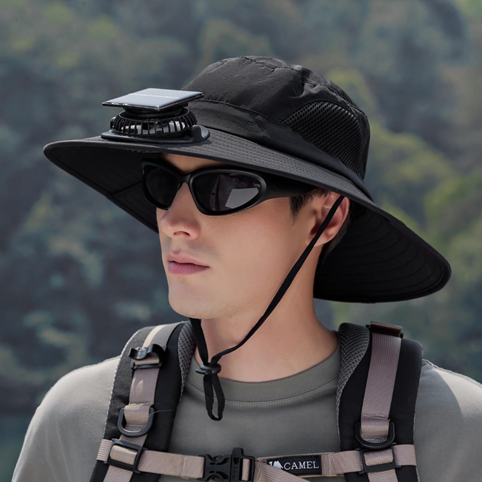 TINAYAUE Chapeau à Large Bord avec Ventilateur Solaire Cool Ventilateur à Énergie Solaire Casquettes Homme Chapeau de pêche Sèche Vite pour Camping randonnée 55-60CM