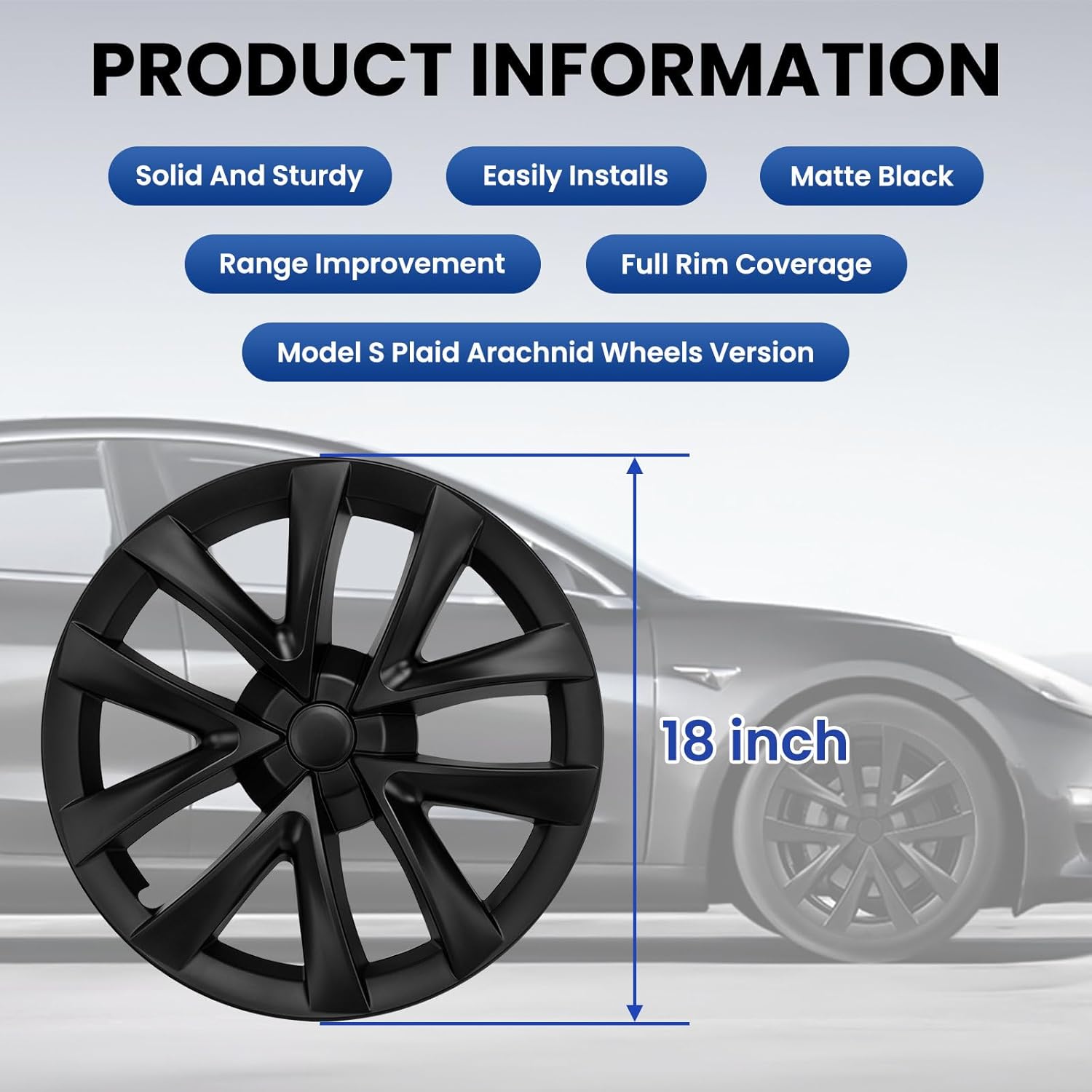 Model 3 Hubcaps - 18 Inch Aero Wheel Covers Replacement Wheel Caps 18'' Model S Plaid Arachnid Wheels Version Hub Caps Compatible with Model 3 Accessories 2017-2023