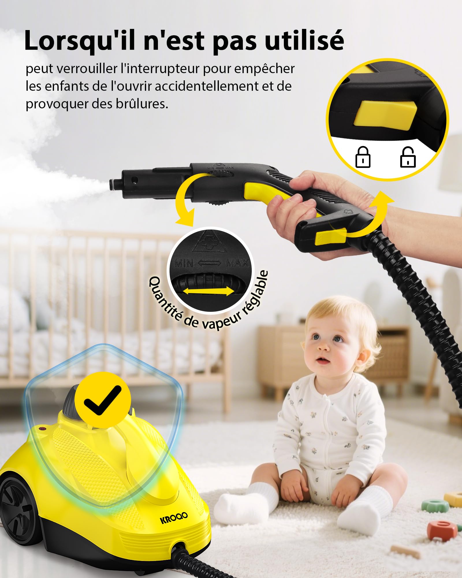 Nettoyeur vapeur KROQO avec 23 accessoires et câble d'alimentation de 5 m pour nettoyer les fours, tapis, canapés, coussins, jouets et sols lisses.