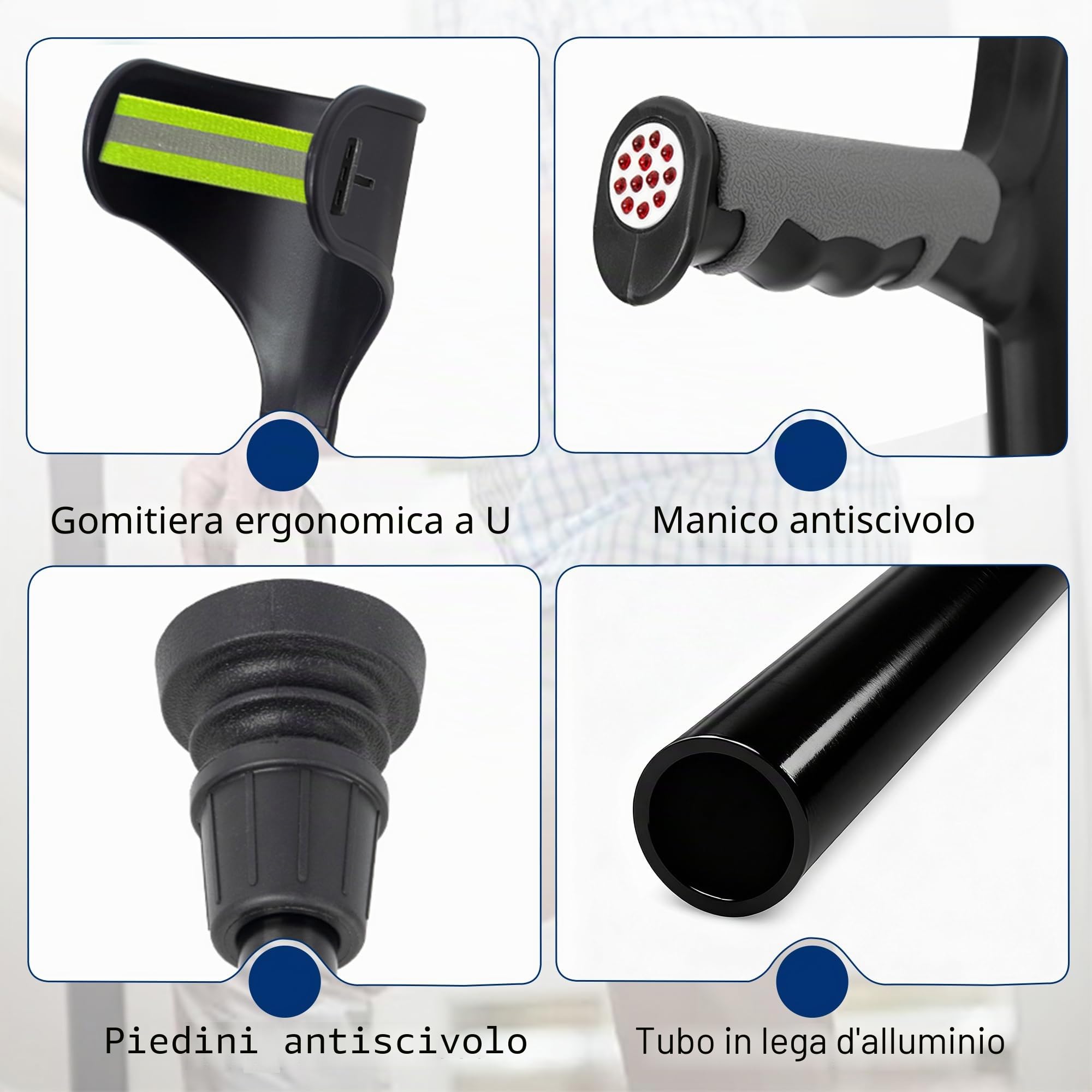 OUUTMEE Stampelle pieghevoli per avambraccio per adulti (1 PCS) con piedini antiscivolo | Stampelle a gomito regolabili e leggere con polsini, stampelle da viaggio, ausili per la mobilità e la deambulazione, nero