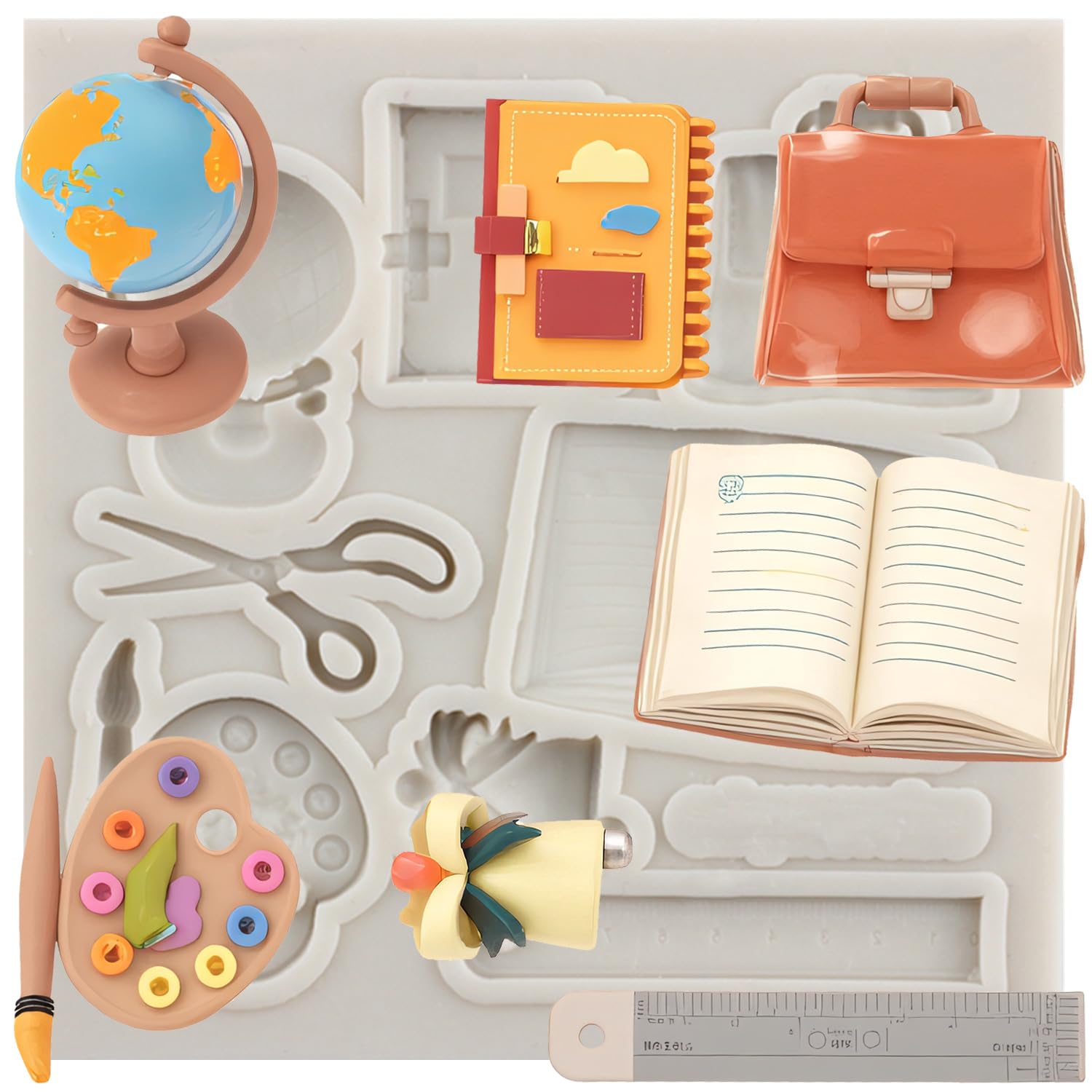 Sijiangmold Back to School Silicone Mould Book Globe Scissor Drawing Pen Palette Fondant Moulds for Cake Decoration Chocolate Cupcake Topper Polymer Clay Candy Gum Paste