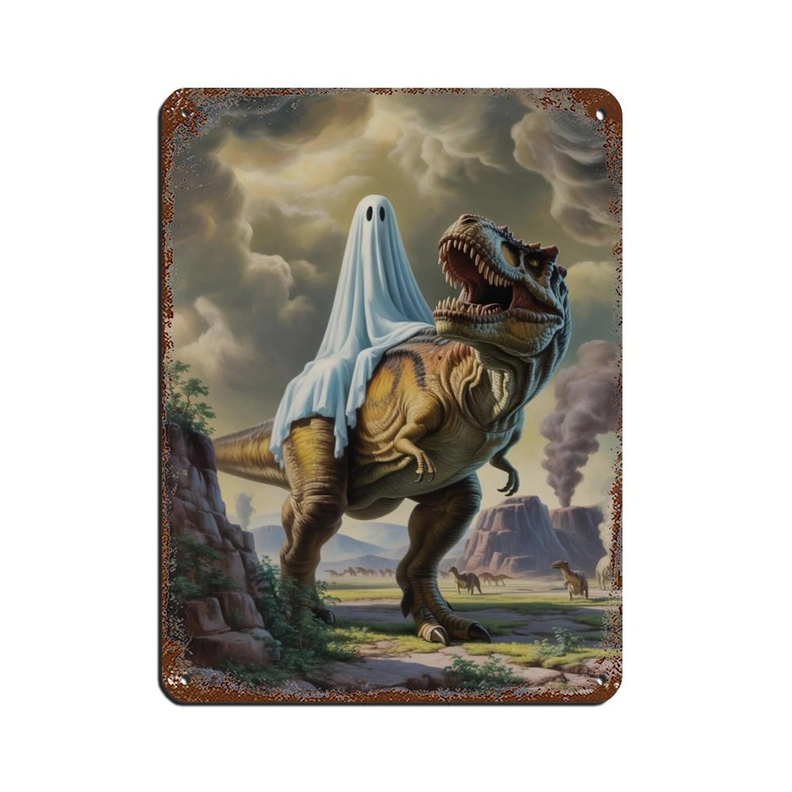 Ghost Riding A Dinosaur Poster Retro Poster Metal Tin Sign Chic Art Retro Iron Painting Bar People Cave Cafe Family Garage Poster Wall Decoration 12x16inch(30x40cm)