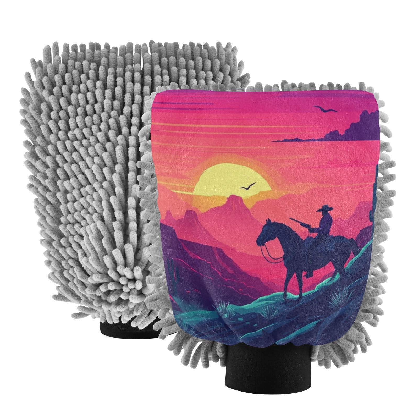Flradish 2 Pack Cowboys Car Wash Mitt Chenille Microfiber Lint-Free Scratch Free Ultra-Soft Absorbent Car Wash Mitt 10.2x7.09 Inch