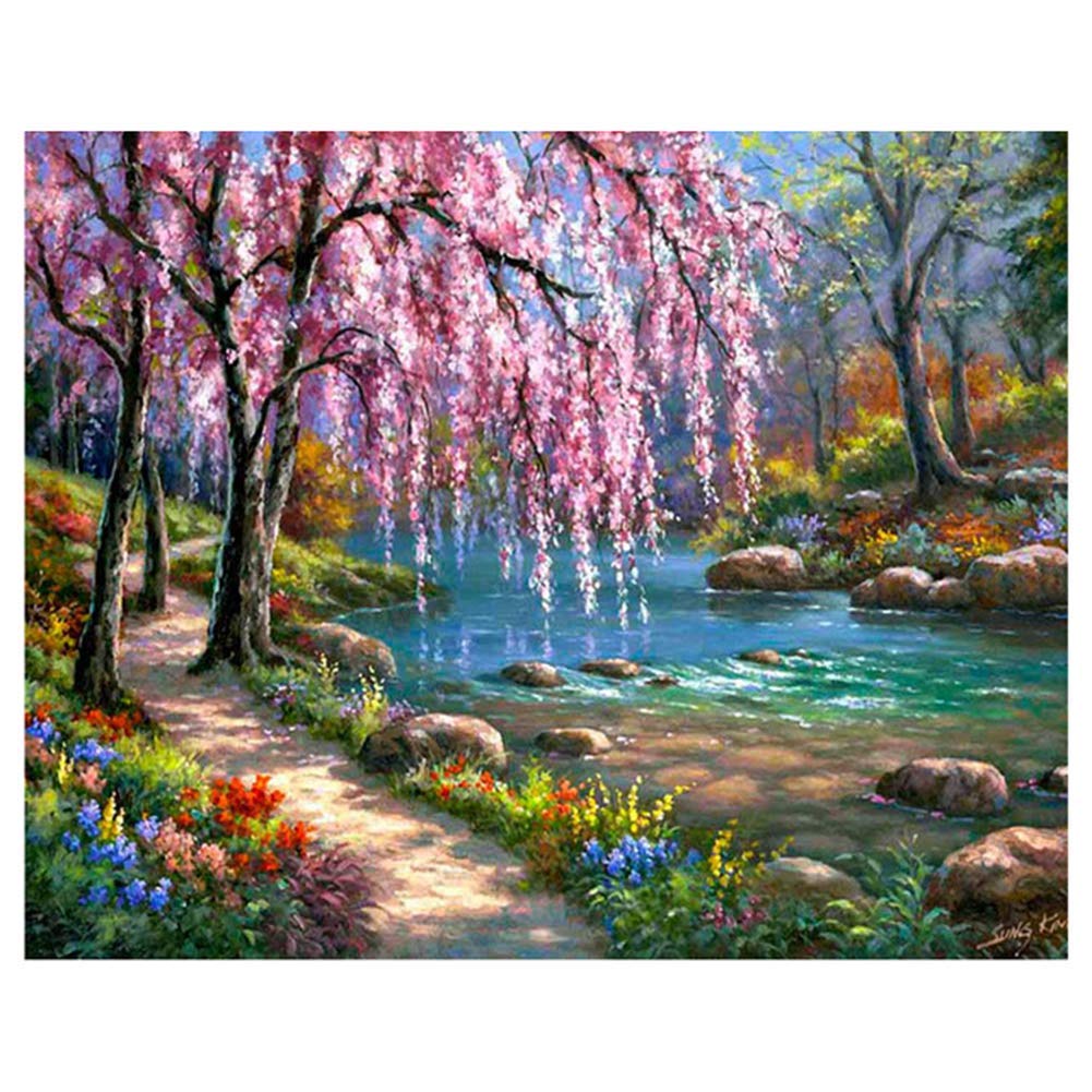 Lovemyhome Diamond Painting Full Drill Kits / 5D Diy Art Rhinestone Pasted Painting/Mosaic Cross Stitch Square Diamond Make Tool - Scenery - Trees And Flowers By River (40X50cm)