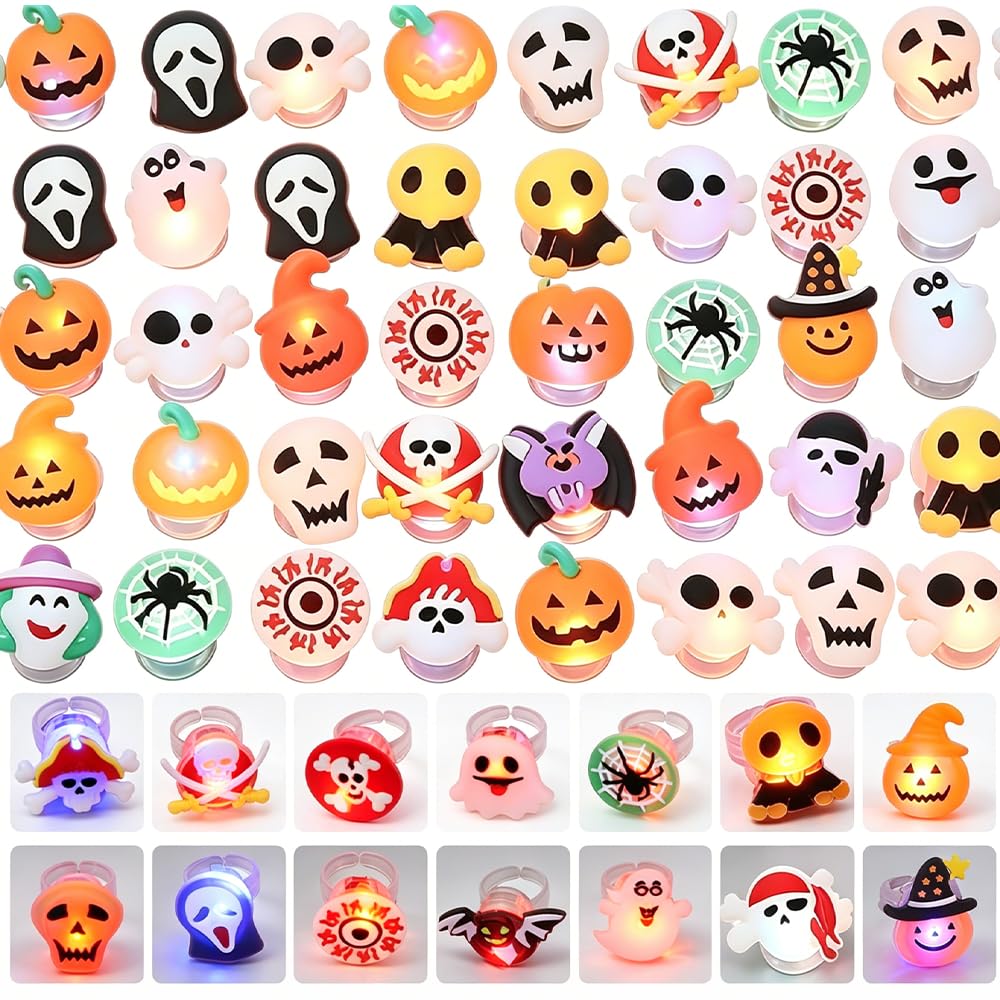 50 PCS Halloween Party Favors Light Up Rings, Halloween LED Rings, Glow in the Dark Finger Ring for Skull Pumpkin Spider Ghost Trick or Treat Supplies, Halloweens Toys Gifts for Halloweens Party
