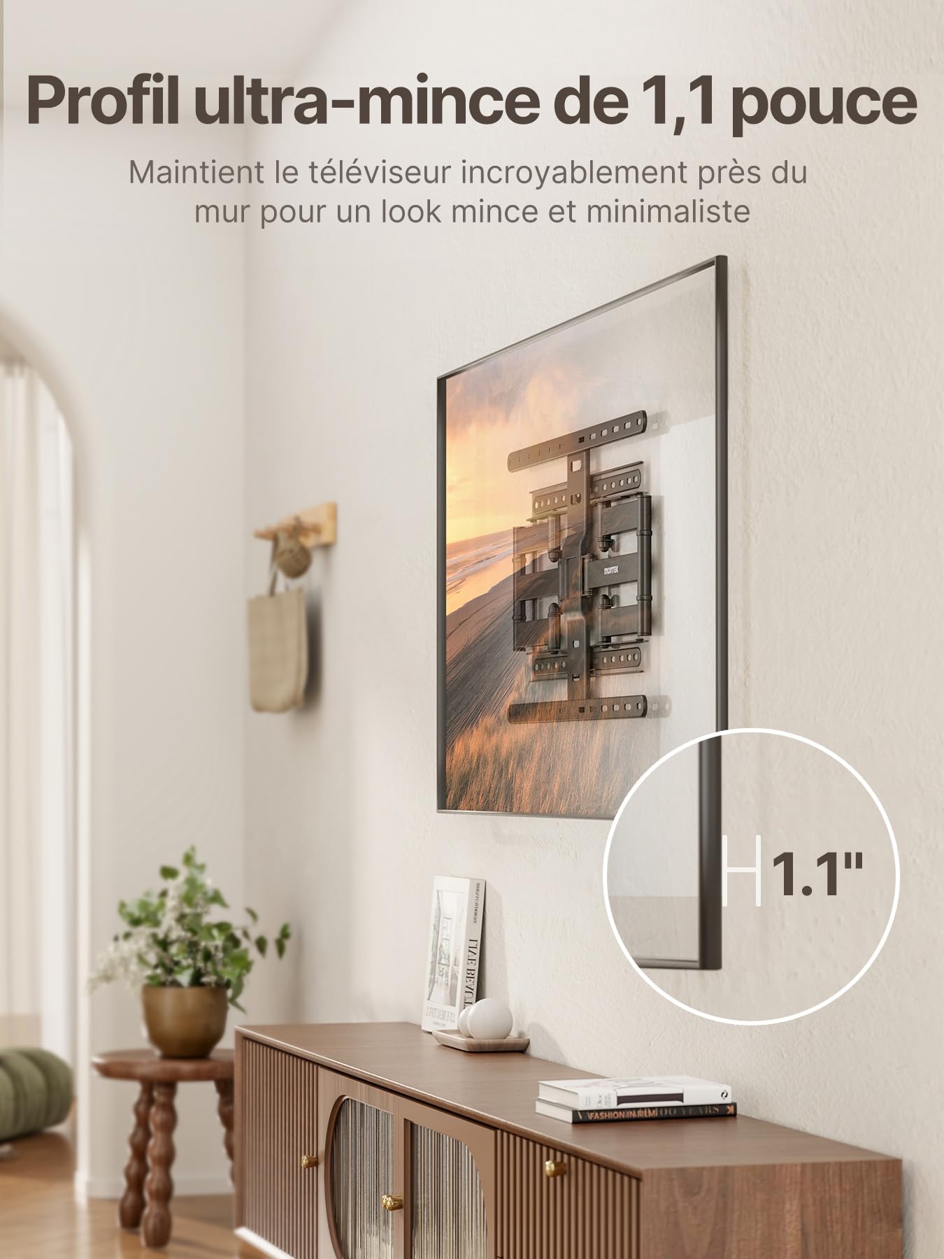 monTEK Support Mural TV Ultra Fin pour Écrans 43-90 Pouces jusqu'à 60 kg | 1,1" d'épaisseur, Support TV Orientable, Inclinable et Extensible, Fixation Murale TV avec Double Bras, Max VESA 600x400mm
