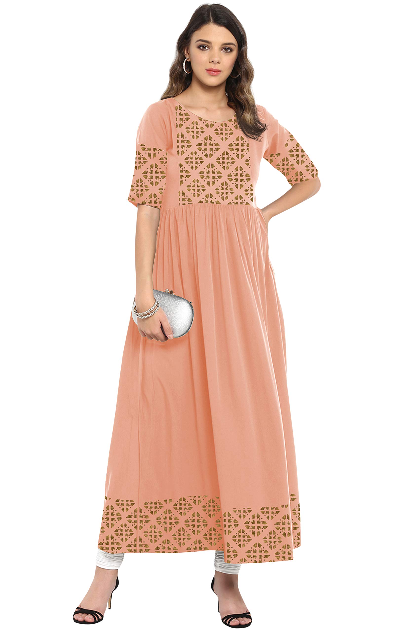 Janasya Women's Poly Crepe Gold Print Flared Kurta