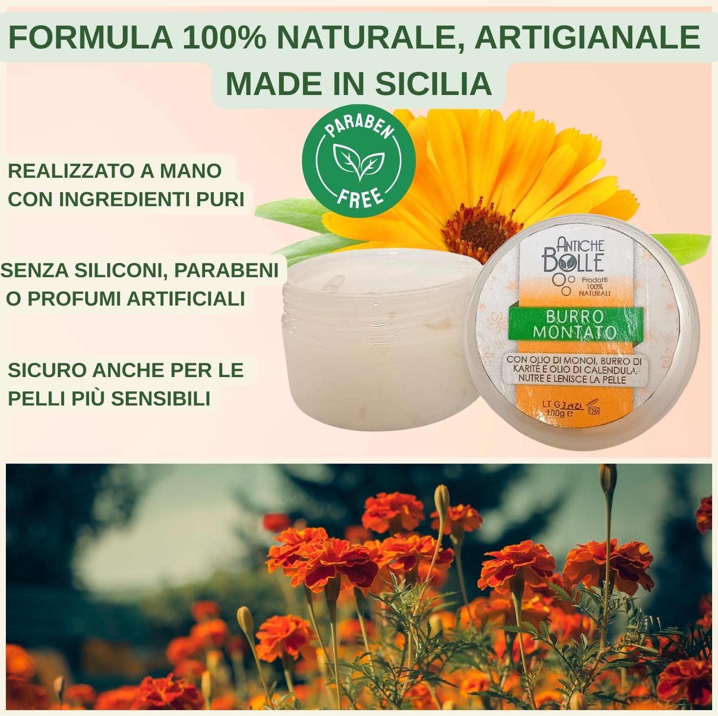 Antiche Bolle – Burro Corpo Naturale al Monoi e Burro di Karitè - Body Butter Idratante e Profumato ad Azione Lenitiva, Ideale per Pelle Secca -100 Gr