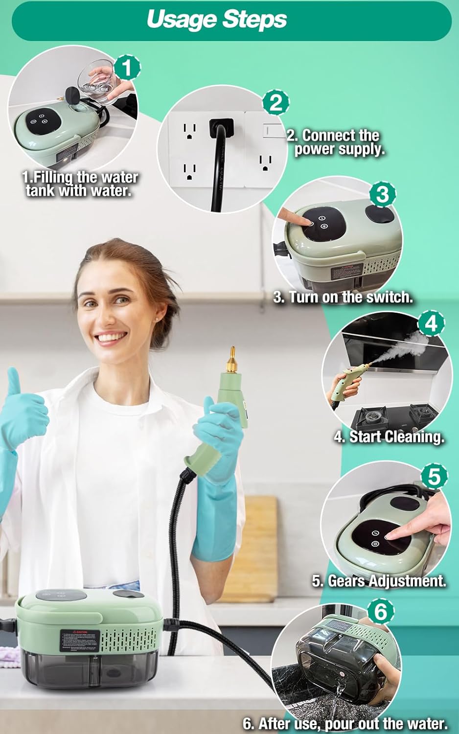 Steam Cleaner, 2500W High Pressure Handheld Steamer, 6-gears adjustable, Portable Steam Cleaning Machine with 6 Brushes, Cleaning for Home Use, Kitchen, Bathroom,Hard Surface,Car Detailing (Green)