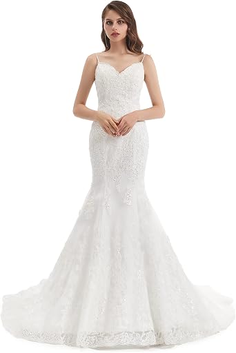 WOWBRIDAL White Lace Wedding Dress for Bride Dress Long Fromal Gown