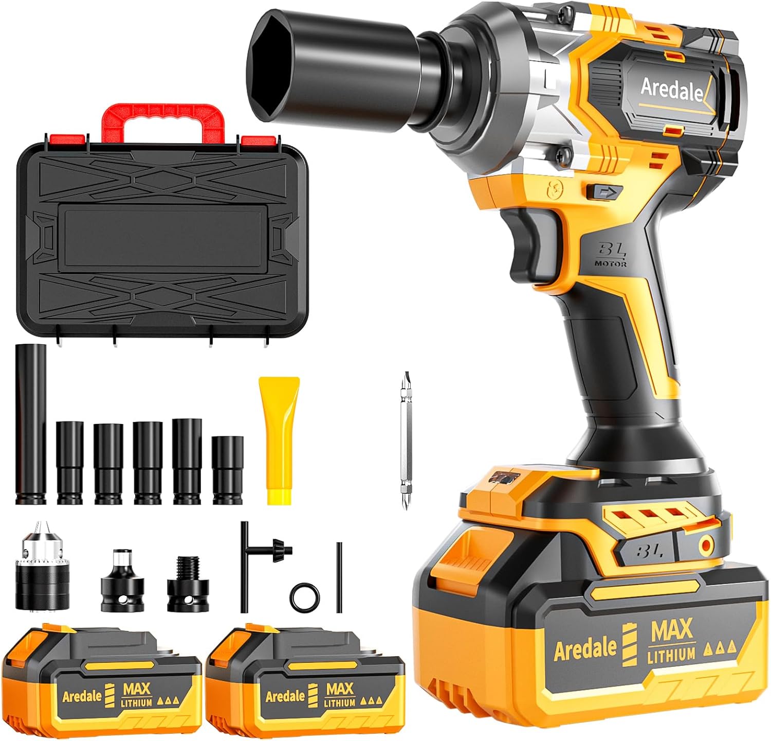 Cordless Impact Wrench, Brushless Motor 450N.m (380Ft-lbs), 1/2 Inch cordless Impact Gun with 2 x 4.0Ah Battery, 6 Sockets Electric Impact Wrench for Car/DIY Furniture/Home