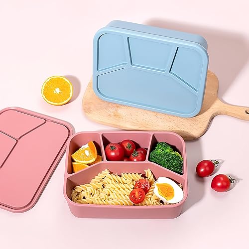 Miniatura 2 de AROCFTIE Caja Bento de silicona, 4 compartimentos, caja de almuerzo de silicona de grado alimenticio con tapas, recipientes de almuerzo a prueba de