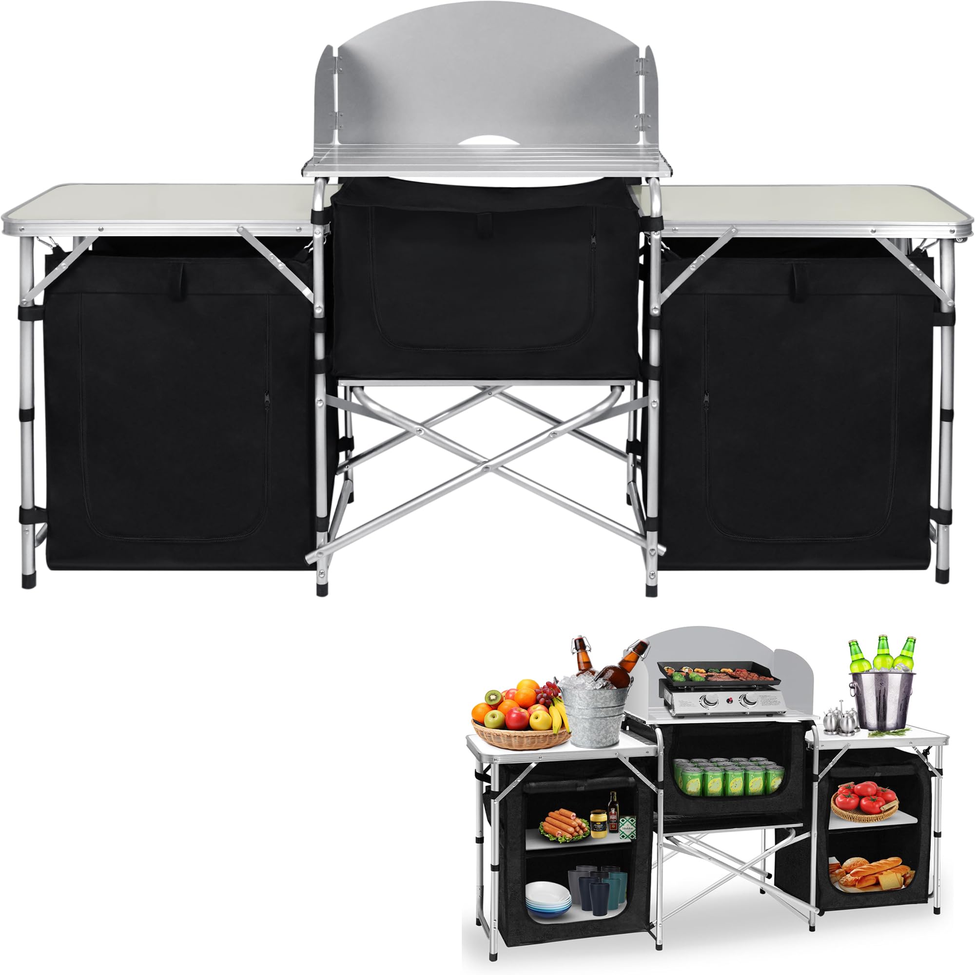 Campingküche Faltbar Campingschrank Einstellbar Campingtisch Reiseküche mit Aluminiumgestell Camping küche Zeltschrank Outdoor Küchenbox Campingregal inkl. Tragetasche (174 x 52x 110cm)