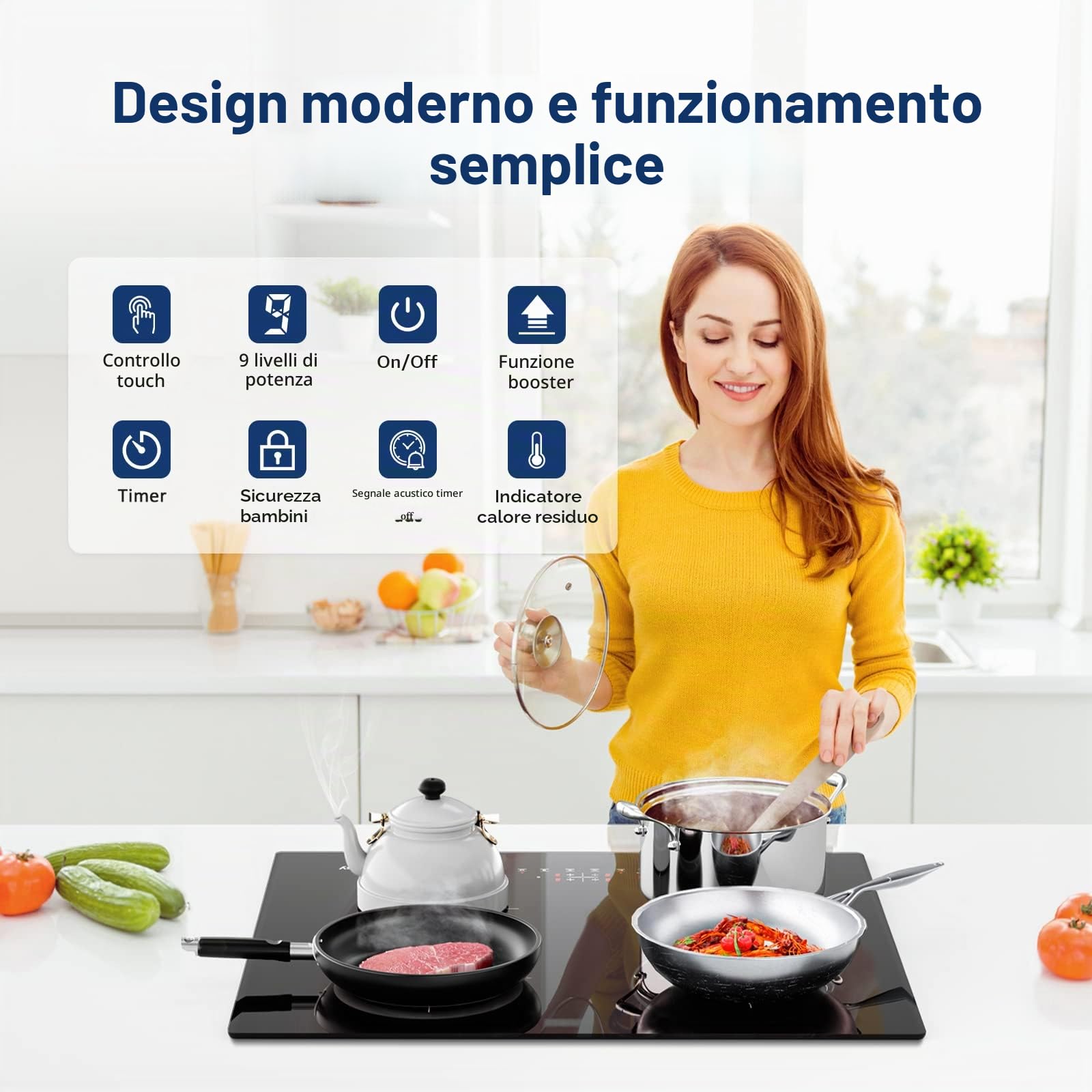 IsEasy Piano cottura a induzione a 4 zone con 9 livelli di potenza e timer da 1-99 min, funzione boost, piastra a induzione, forno a induzione con 4 piastre, 60 cm, 6800 W, nero