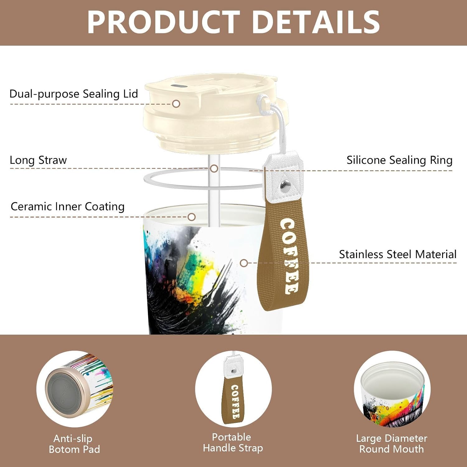 Eye Closeup Colors Insulated Coffee Mug with Straw & Flip Lid, 16.9oz Iced Tumbler Cup, Double Wall Vacuum Mug for Travel Office