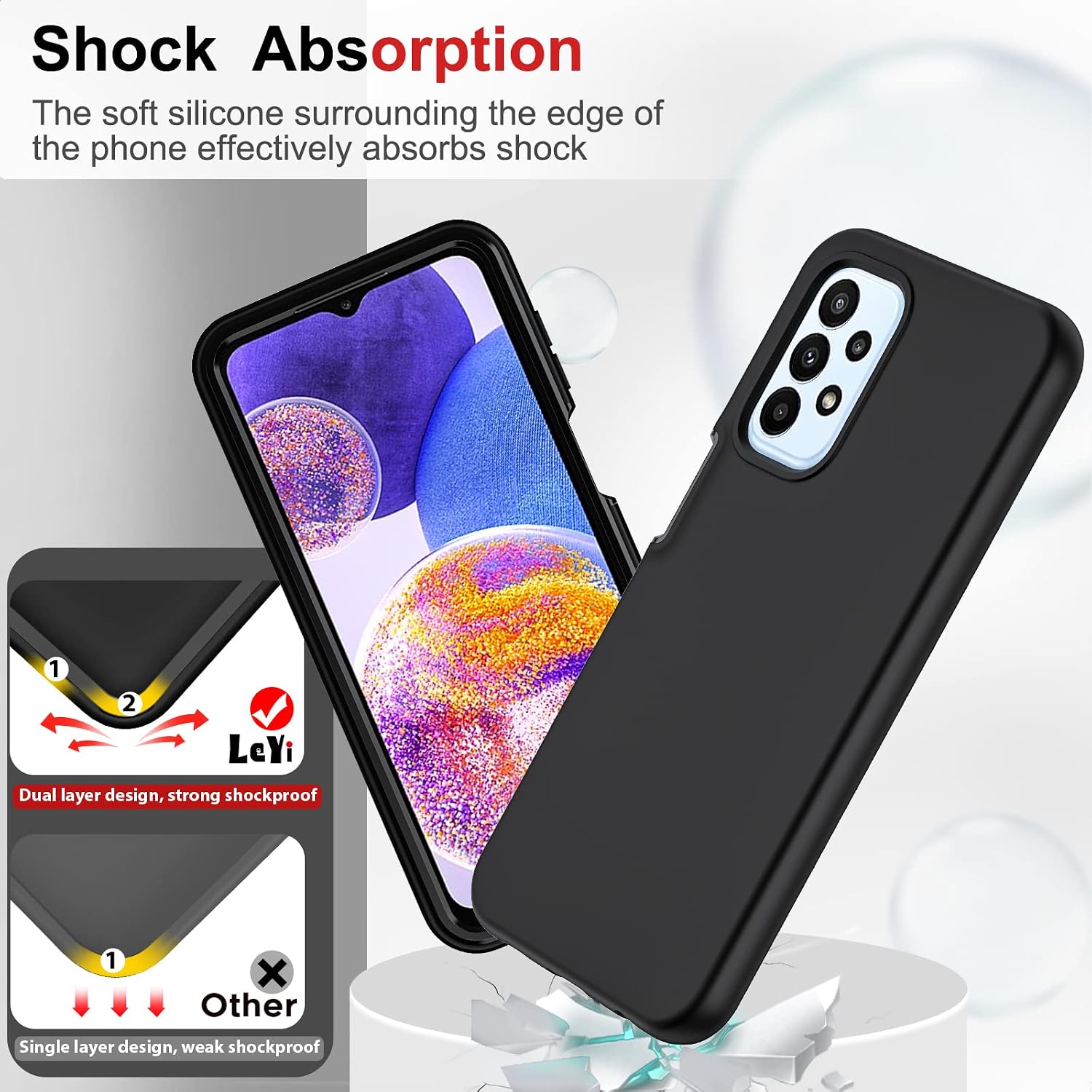 LeYi for Samsung A23 5G Case, Galaxy A23 5G Case with [2 x Tempered Glass Screen Protector] for Men, Full-Body Shockproof Soft Liquid Silicone Protective Phone Cover Case for Samsung A23,Black