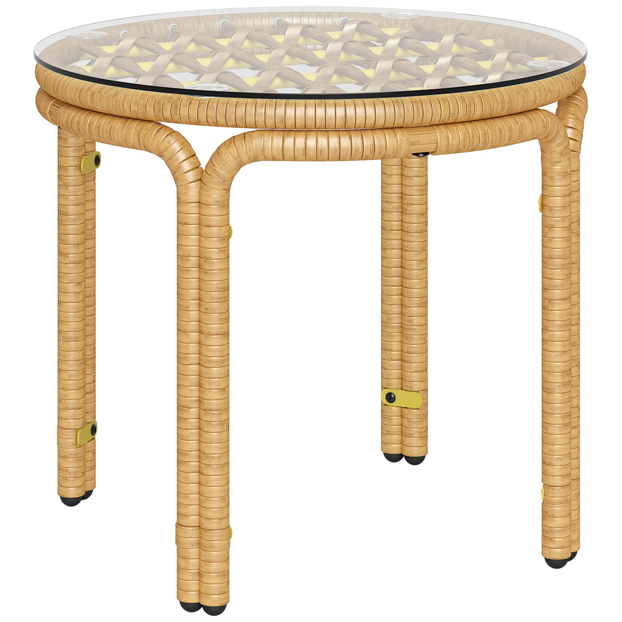 Outsunny Tavolino da Giardino in Rattan e Vetro, Tavolo da Caffè Rotondo Ø50x44 cm, Giallo