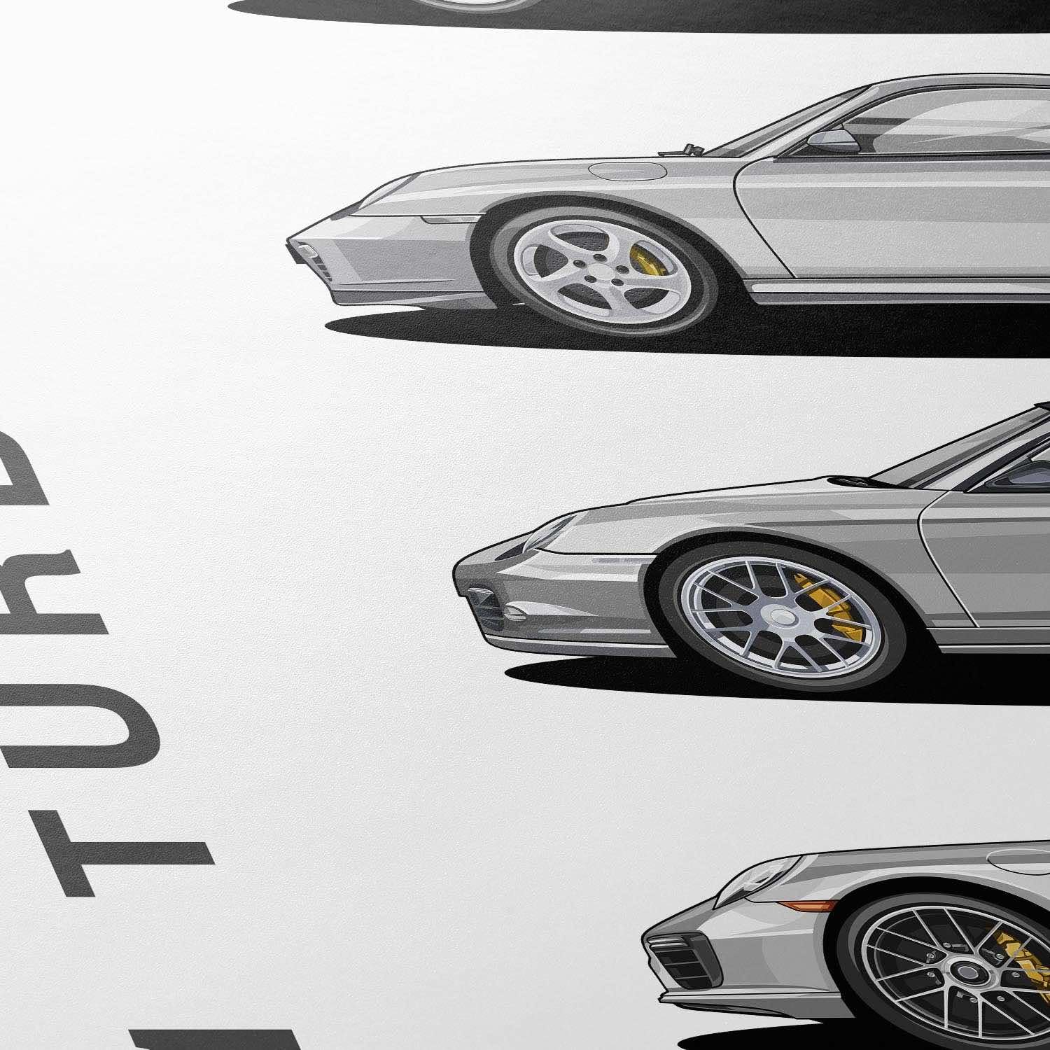 Cartistry Auto Poster 911 Turbo Generationen (70x50cm, Holzrahmen Schwarz) | Geschenk für Männer, Geschenk für Autoliebhaber