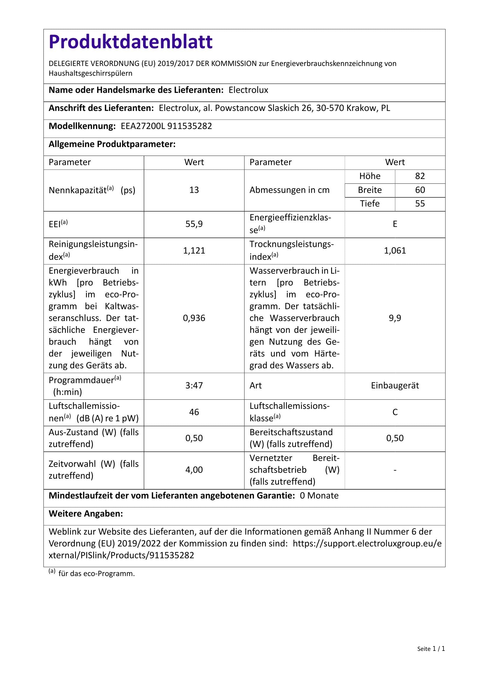 Electrolux EEA27200L Lavastoviglie integrata totale 60 cm, tecnologia AirDry, 6 programmi di lavaggio, 13 coperti