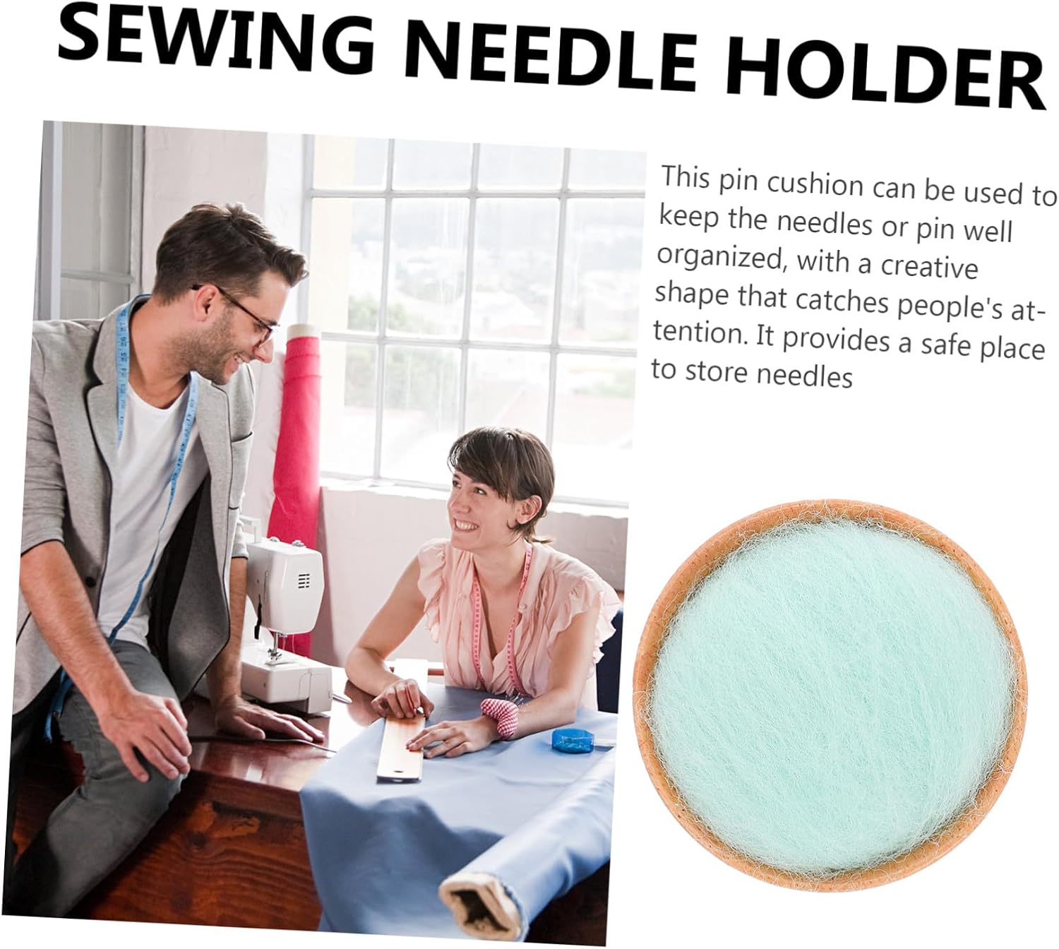 HAPINARY Half-Round Natural Fiber Pin Cushion with Wooden Base, Sewing Needle Organizer and Pin Fixator for DIY Crafts, Green Needle Pincushion for Household Sewing and Embroidery