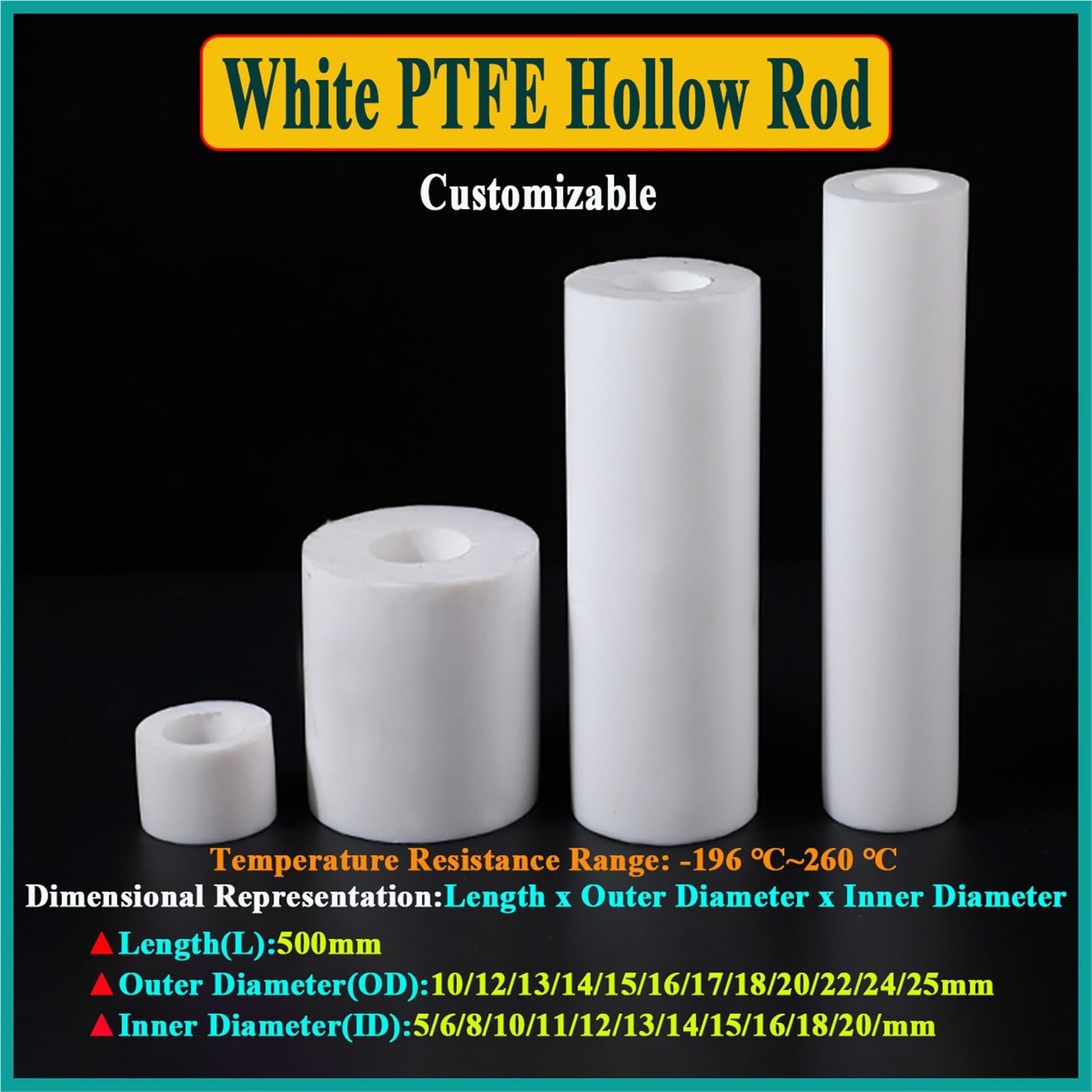 PTFE Tubo Tubo de casquillo de politetrafluoroetileno con varilla hueca | L500mm OD10-25mm ID5-20mm(OD20mm x ID8mm)