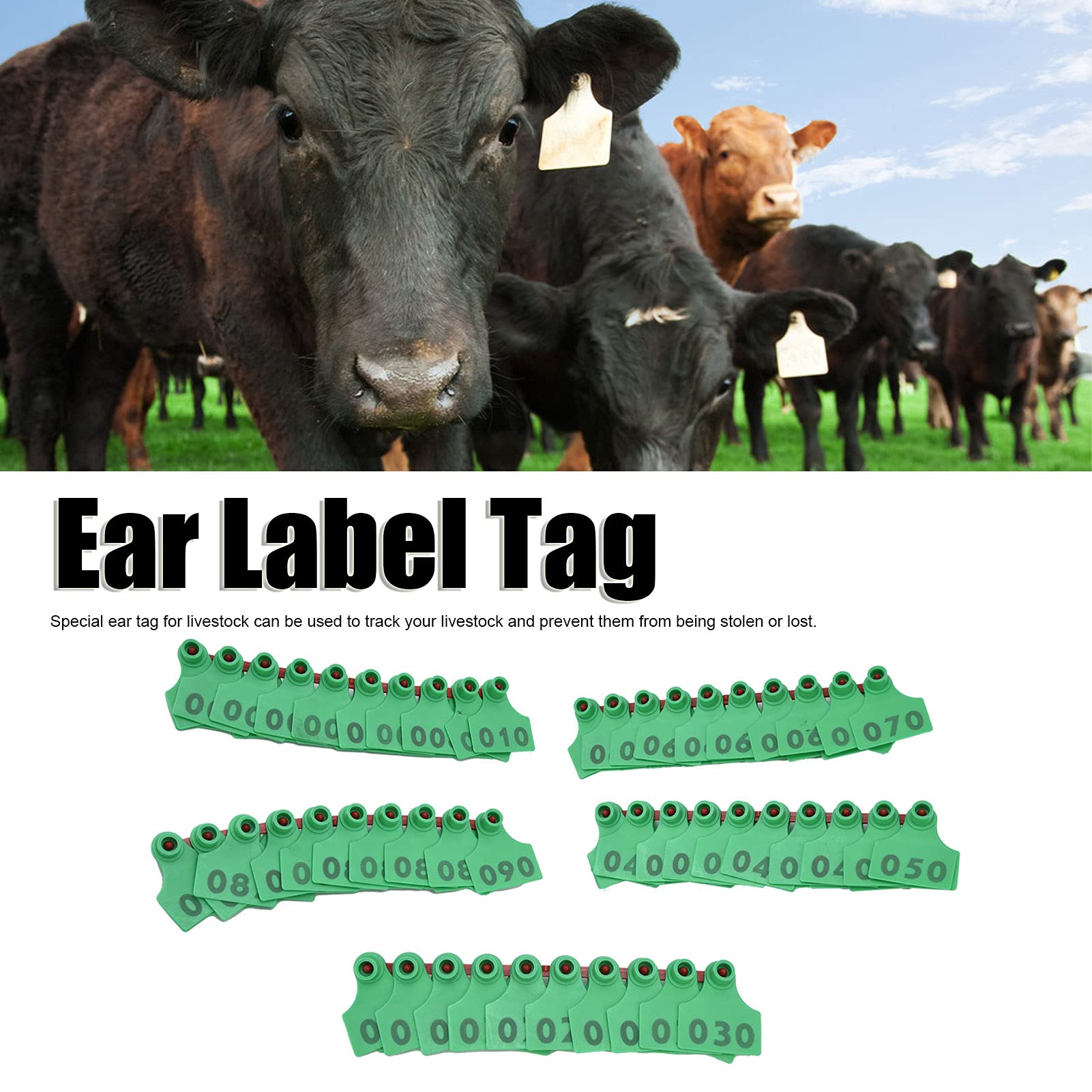 NSXAYIWE Cattle Ear Tags Numbered 001-100, Anti Dropping TPU Livestock Ear Tags for Sheep Cattle Calf Fox, Animal Identification Earring Tagger (Green)