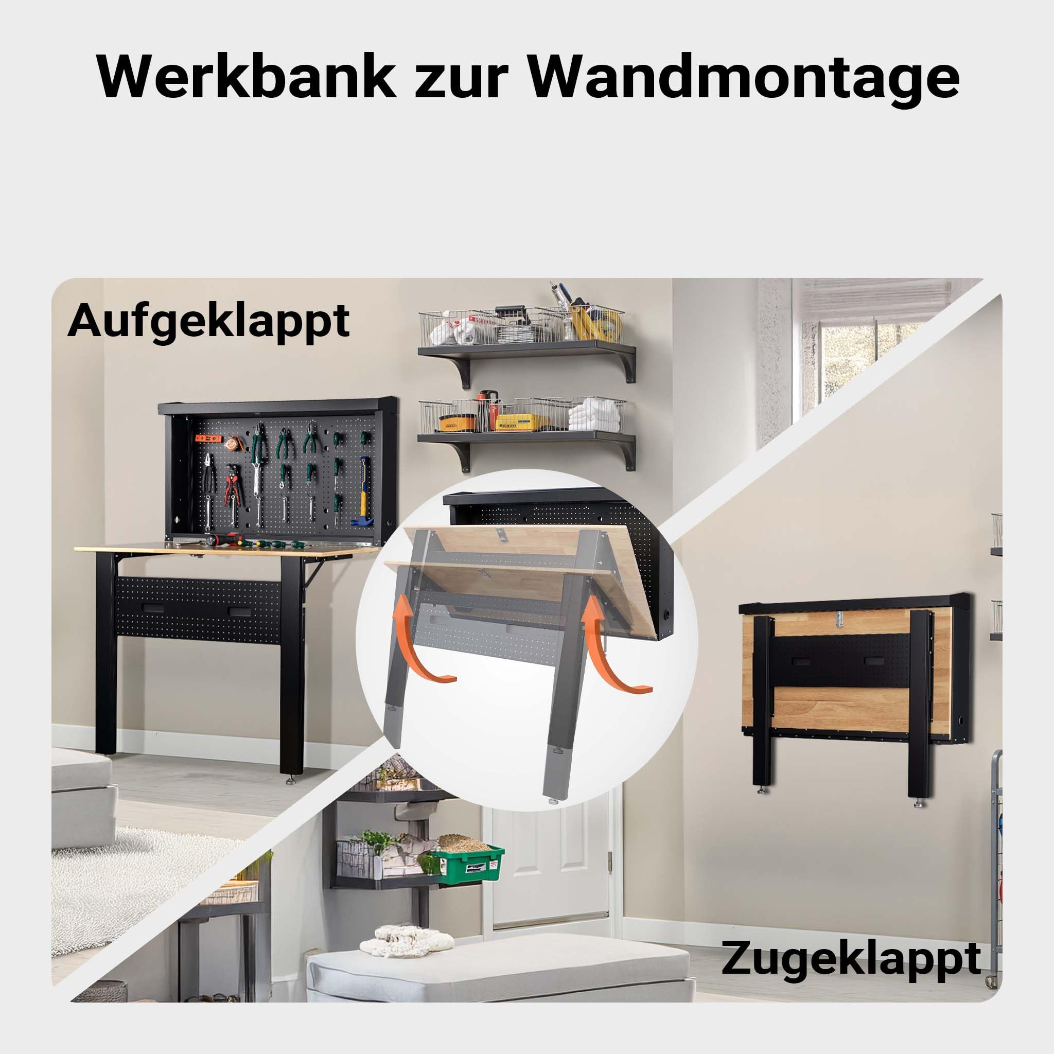 Wiltec Werkbank zur Wandmontage bis 200 kg, klappbare Werkzeugbank 120,5 x 82,5 x 162 cm mit Lochplatte als Rückwand, Werktisch mit Arbeitsplatte aus Holz