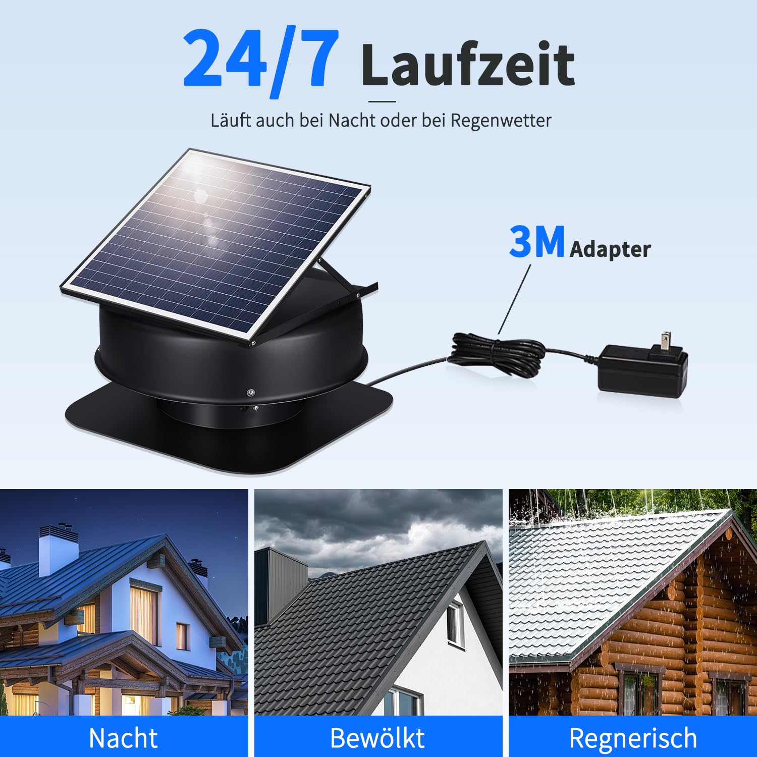 Solar Ventilator mit Fernbedienung, Wasserdichter Solar Lüfter mit Solarpanel 35W und 3M Adapter, Dachlüfter für Dachboden zur Dachentlüftung