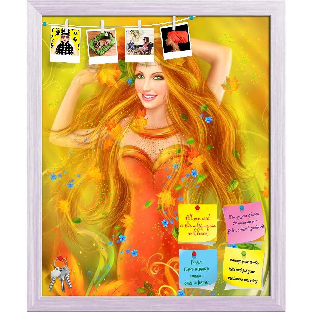 ArtzFolio Fantasy Fashion Portrait of Fairy Woman in Autumn Bulletin Board Notice Pin Board | Vision Soft Board Combo with Thumb Push Pins | White Frame 12 x 14.5 inch (30 x 37 cms)