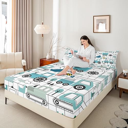 Miniatura 8 de Feelyou Juego de sábanas de construcción para niñas y niños, tamaño individual, diseño de dibujos animados, excavadora, tractor, sábanas con