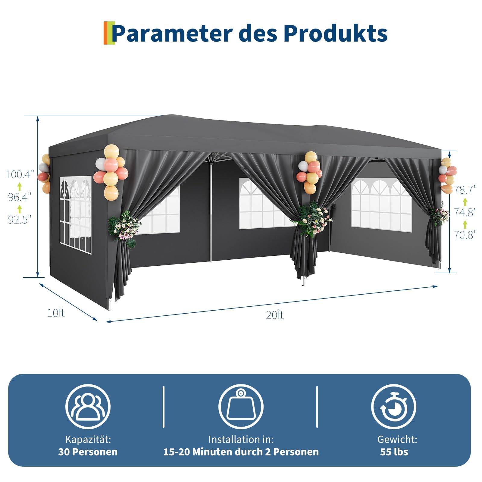 Heavy Duty Pavillon 3x6 m Mit 6 Abnehmbaren Seitenwänden, Easy Pop Up Kommerzielle Partyzelt, Große Außenüberdachungen Mit 3 Verstellbaren Höhen, Dunkelgrau, 210D