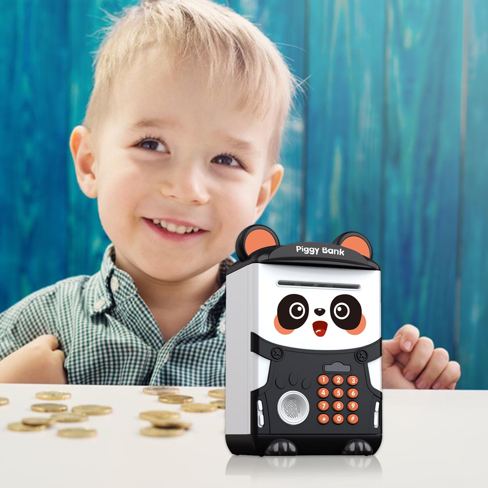 Salvadanaio Panda | Ruba Salvadanaio Mini Bancomat Elettronico per Risparmio, con Serratura a Combinazione, Armadietto per Impronte Digitali, Moneta ATM Automatico Moneta Rotolante Cartoon Salvadana
