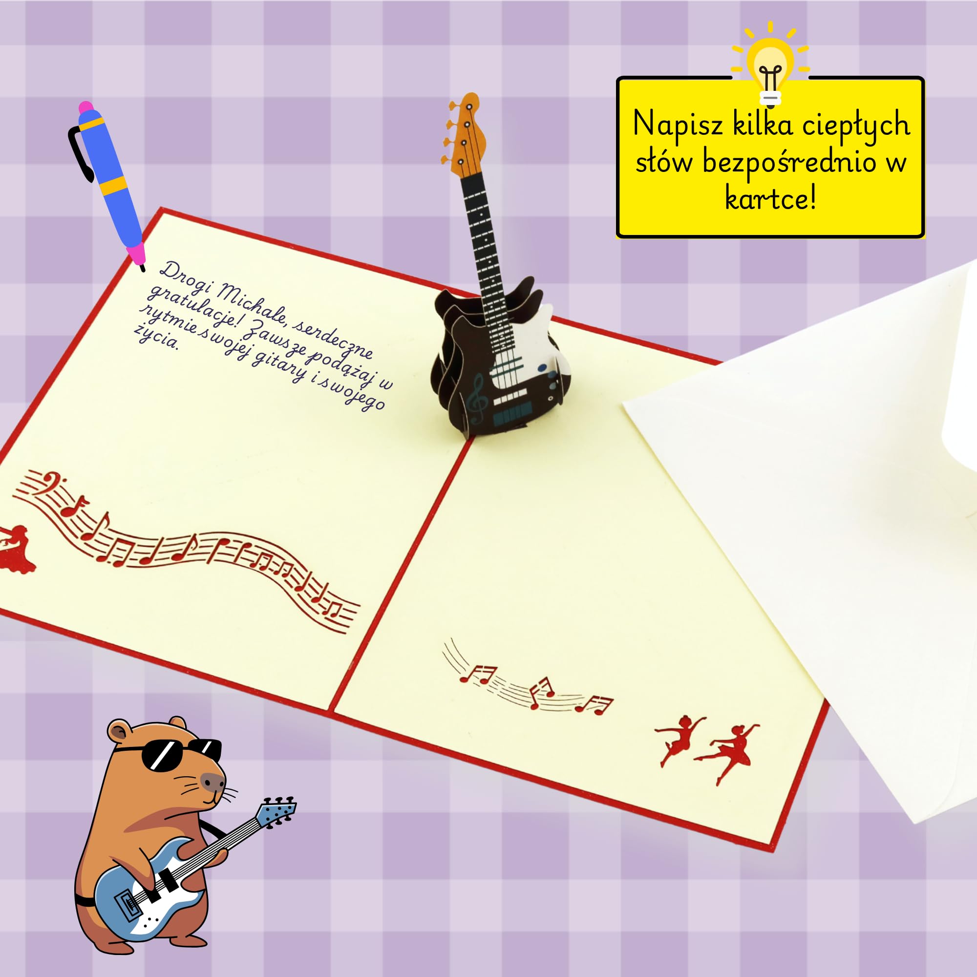 Kartka pop-up 3D Rock 'n' Roll – kartka urodzinowa z gitarą elektryczną dla fanów rocka, gitarzystów i zespołów | świetny pomysł na prezent z kopertą