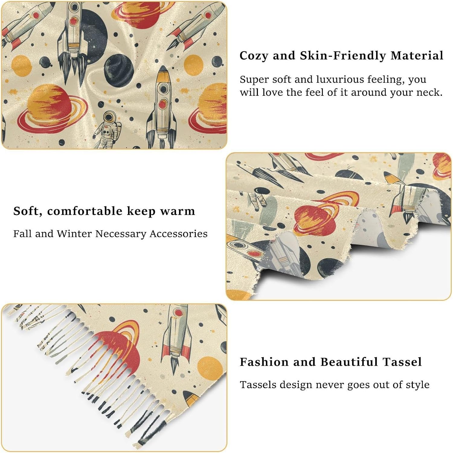 Winter Scarf for Women Astronaut Rocket Space Fashion Tassel Shawl Wraps for Women, Cold Weather Warm Womens Scarves Soft Long Scarf Gifts