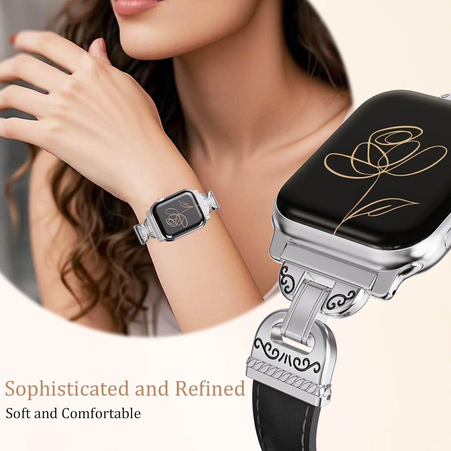 Slim Leather Band Compatible with Apple Watch Bands Women 38/40/41/42mm Dressy Thin Leather Strap with Designer Interlock Buckle for iWatch Series 10/9/SE/8/7/6/5/4/3/2/1, Black+Silver - Image 3