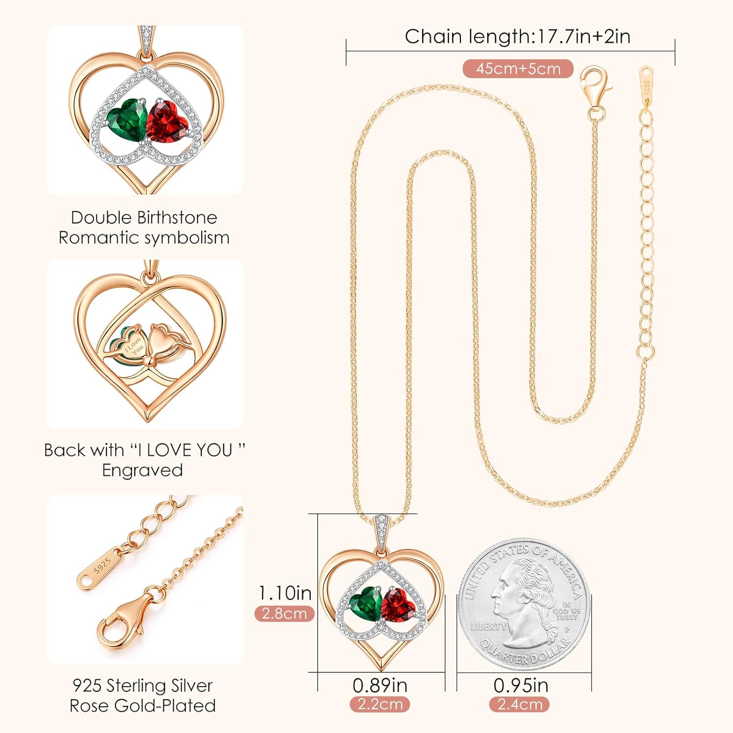 CDE Valentines Gifts for Women Rose Gold Double Birthstone Necklace for Women, Personalized Pendant Jewelry Mothers Day Birthday Gift for Mom Wife - Image 5