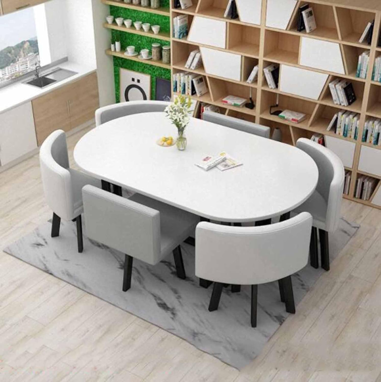 ZOCWJK Modern Round Dining Table Set with 6 Chairs Small Office Conference Room Furniture for Kitchen Lounge Living Room 7 Piece Meeting Room Table