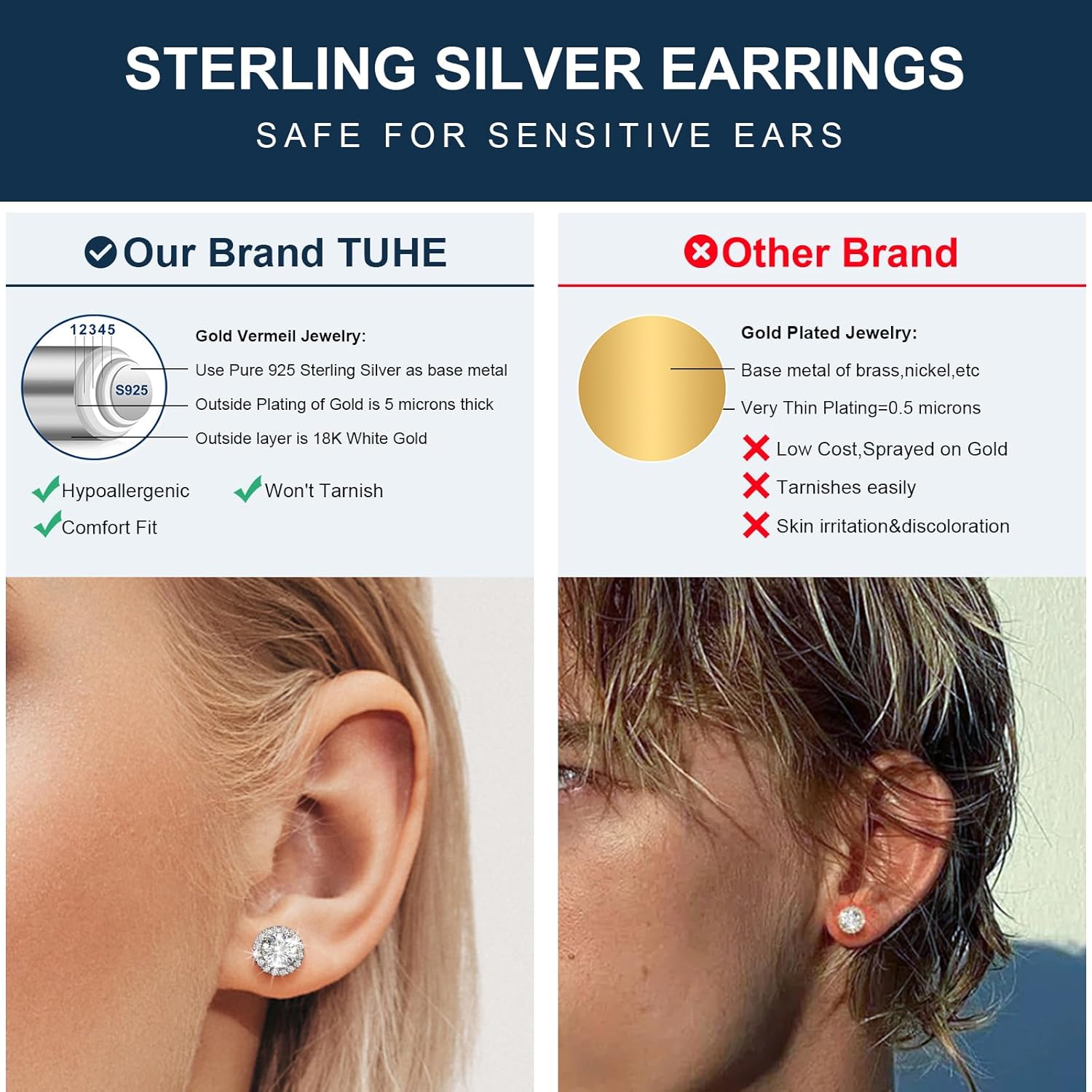 Moissanite Halo Earrings 0.2-4Carats(3-8mm) Moissanite Stud Earrings 18k Gold Over 925 Sterling Silver Earrings for Women Men D Color VVS1 Round Cluster Stud Push Back Ice Out Ear Studs - Image 3