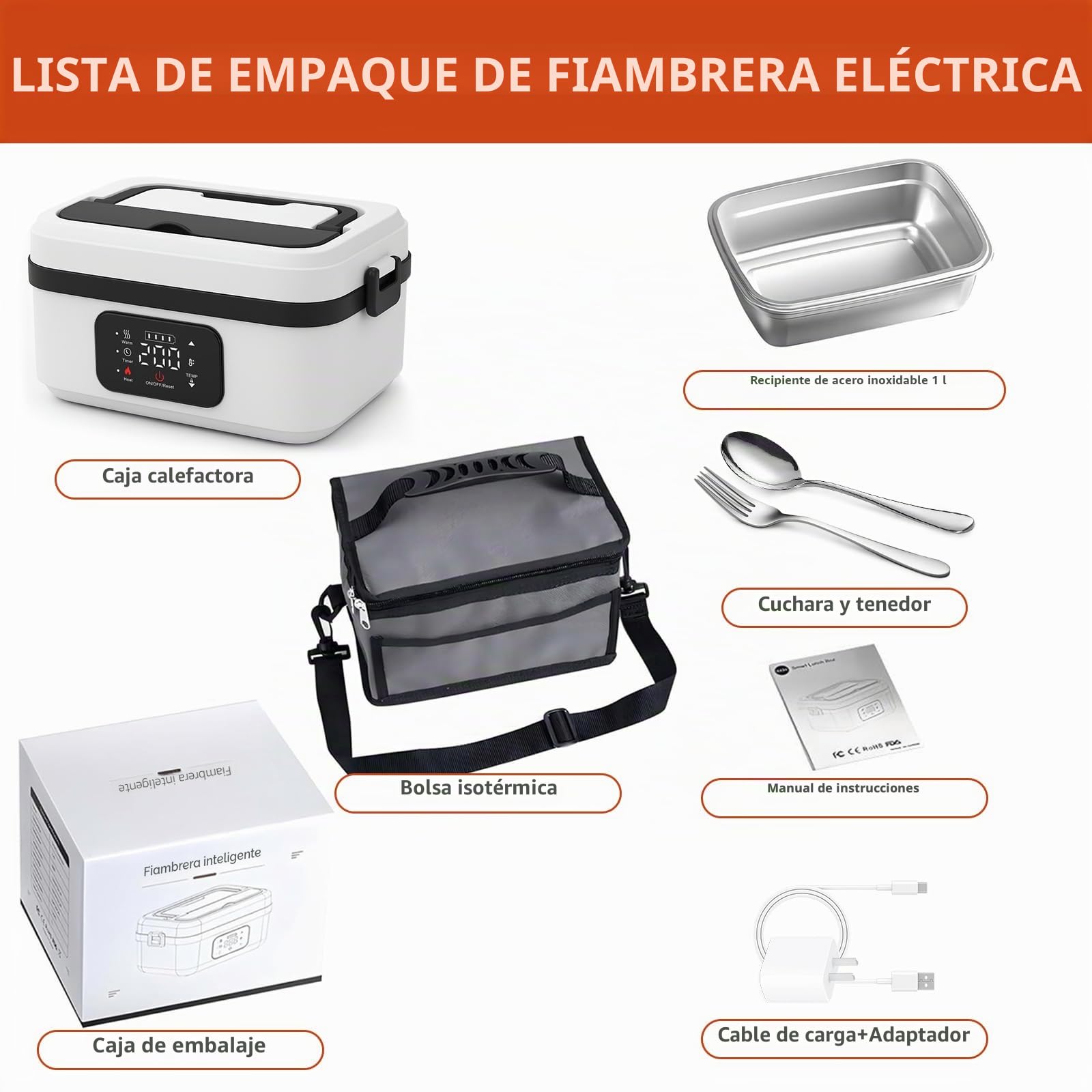 Fiambrera Electrica Calentador de Comida Portatil 1L Tupper Electrico con Batería, Recargable USB-C, Temporizador, Táper Eléctrico Acero Inoxidable con Bolsa Térmica y Cubiertos para Coche y Trabajo